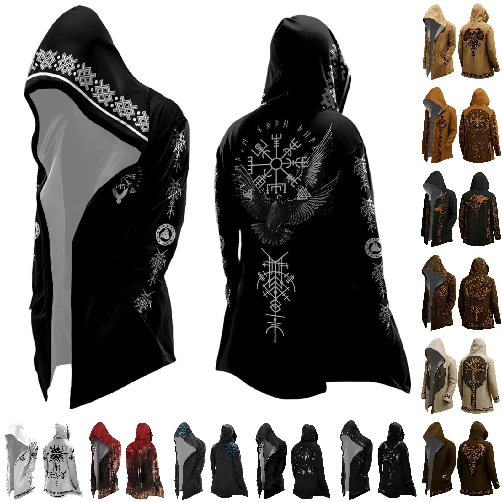 Générique Viking Impression 3D Zip Hoodie pour Hommes Mythologie Nordique Tatouage Cape Femme Cape Sweatshirt Médiéval Cosplay Cadeau