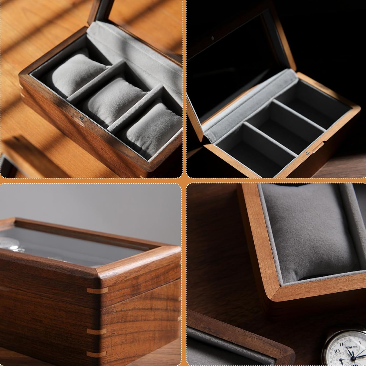 High-Grade Solid Black Walnut Wood Watch Box - Storage Case for Men’s Wristwatches, Vintage Gift, Elegant and Durable Organizer, Display Holder for Men (Black Walnut,Three watches)