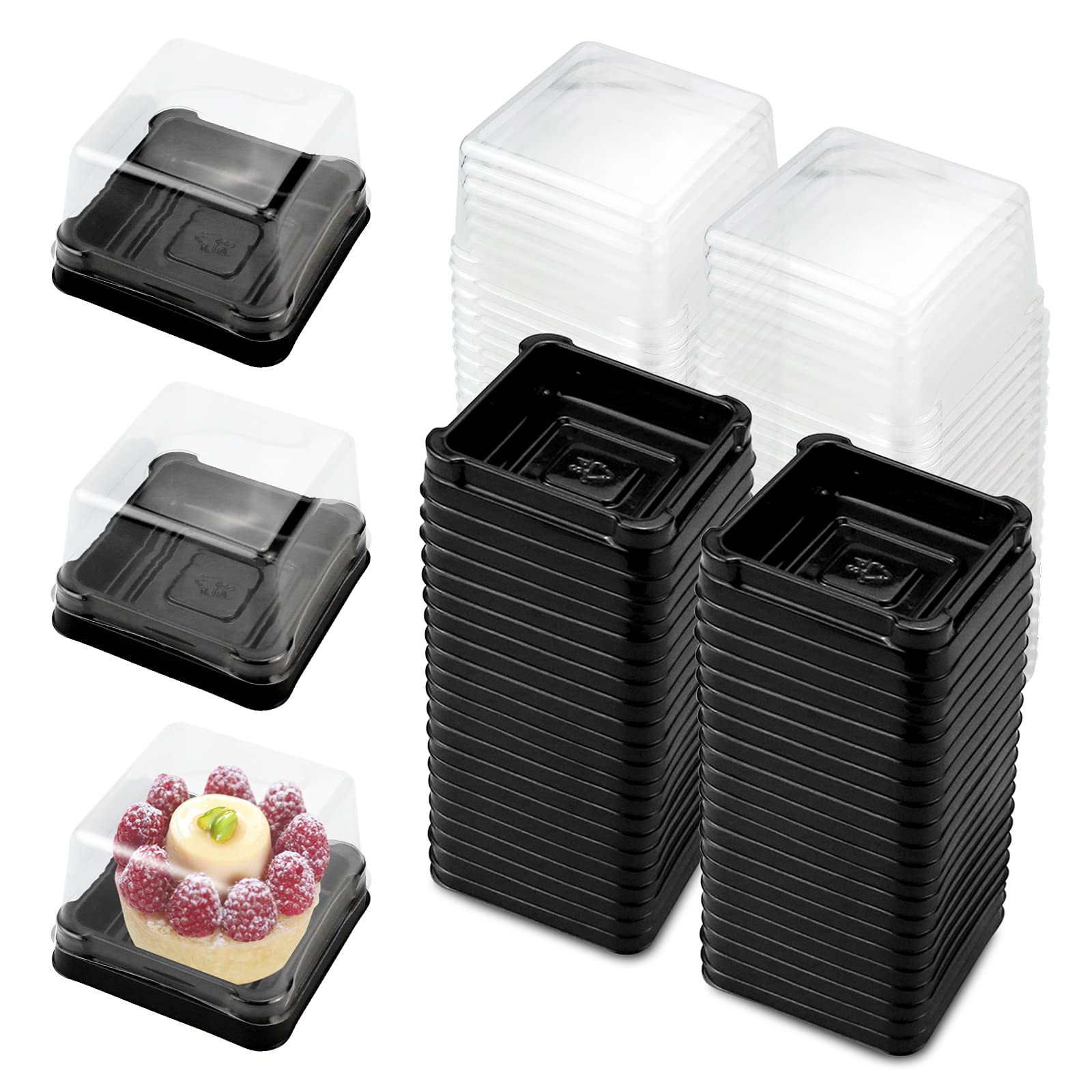 PRALB100 Set 2.24"L x 2.24"W x 1.57"H Clear Plastic Mini Cupcake Boxes Muffin Pod Dome Muffin Single Container Box Wedding Birthday Gifts Supplies for Cheese Pastry Dessert Mooncake (square, black)
