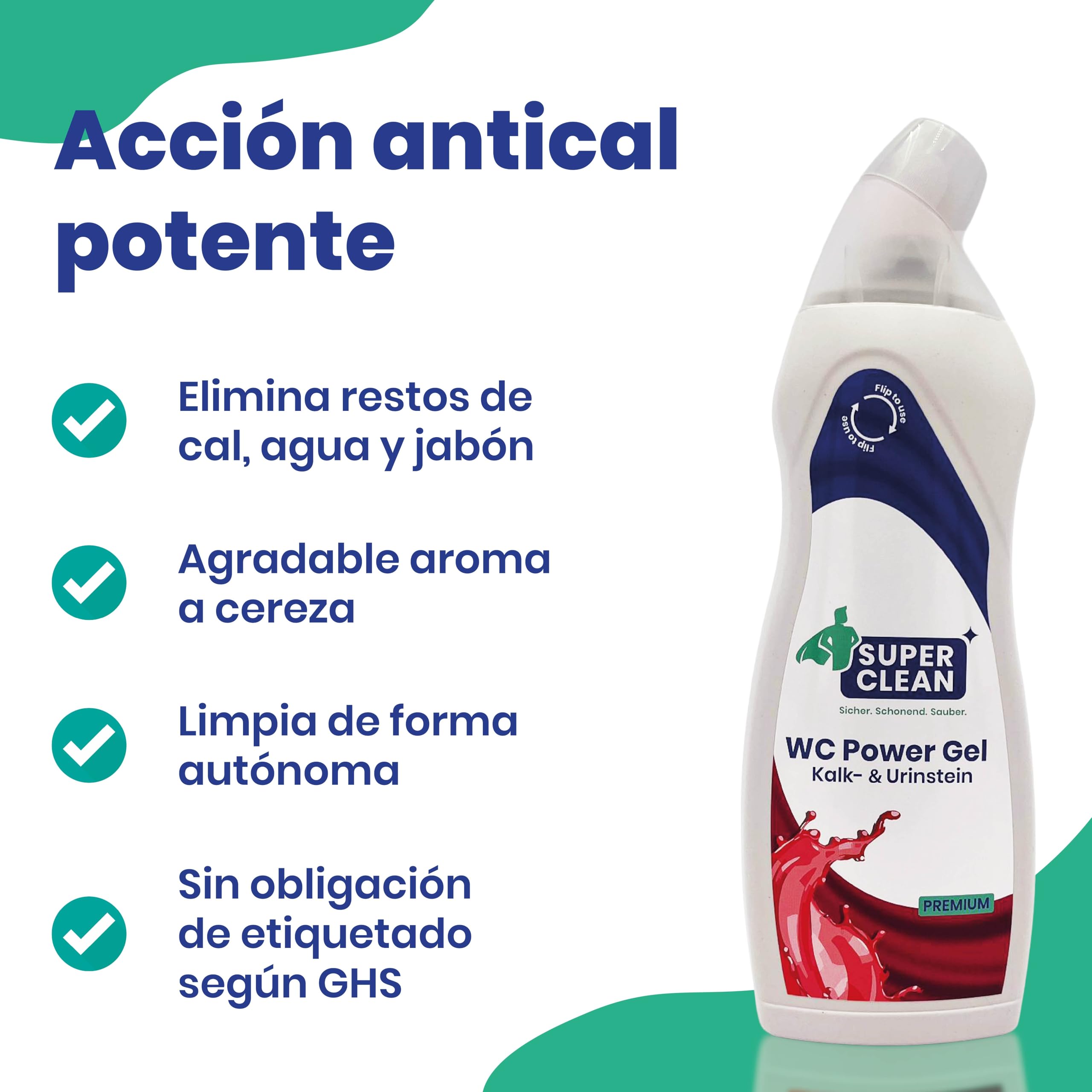 SUPER CLEAN WC Power Gel 12 x 750 ml – Limpiador de inodoro premium contra cal y piedra de orina – Gel de inodoro adhesivo con aroma a cereza – Suave y sin marcado GHS – Fabricado en Alemania