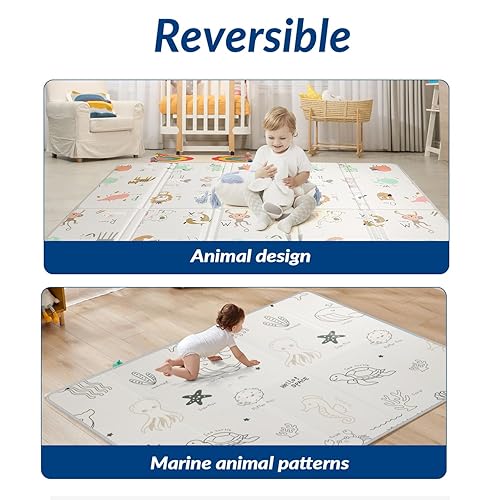 Miniatura 7 de Tapete de juego plegable extra grande de 79 x 71 x 0.8 pulgadas de grosor, tapete de juego de espuma XPE de doble cara para bebés y niños pequeños,