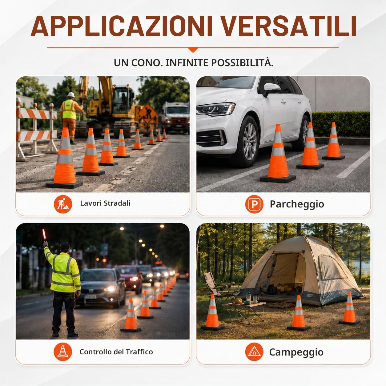 [Confezione da 4] ZincOrange Coni Stradali Retrattili 28''/70 cm, Base Pesante, Coni da Parcheggio con Collare Riflettente per Parcheggi, Vialetti, Allenamento Sportivo e Guida