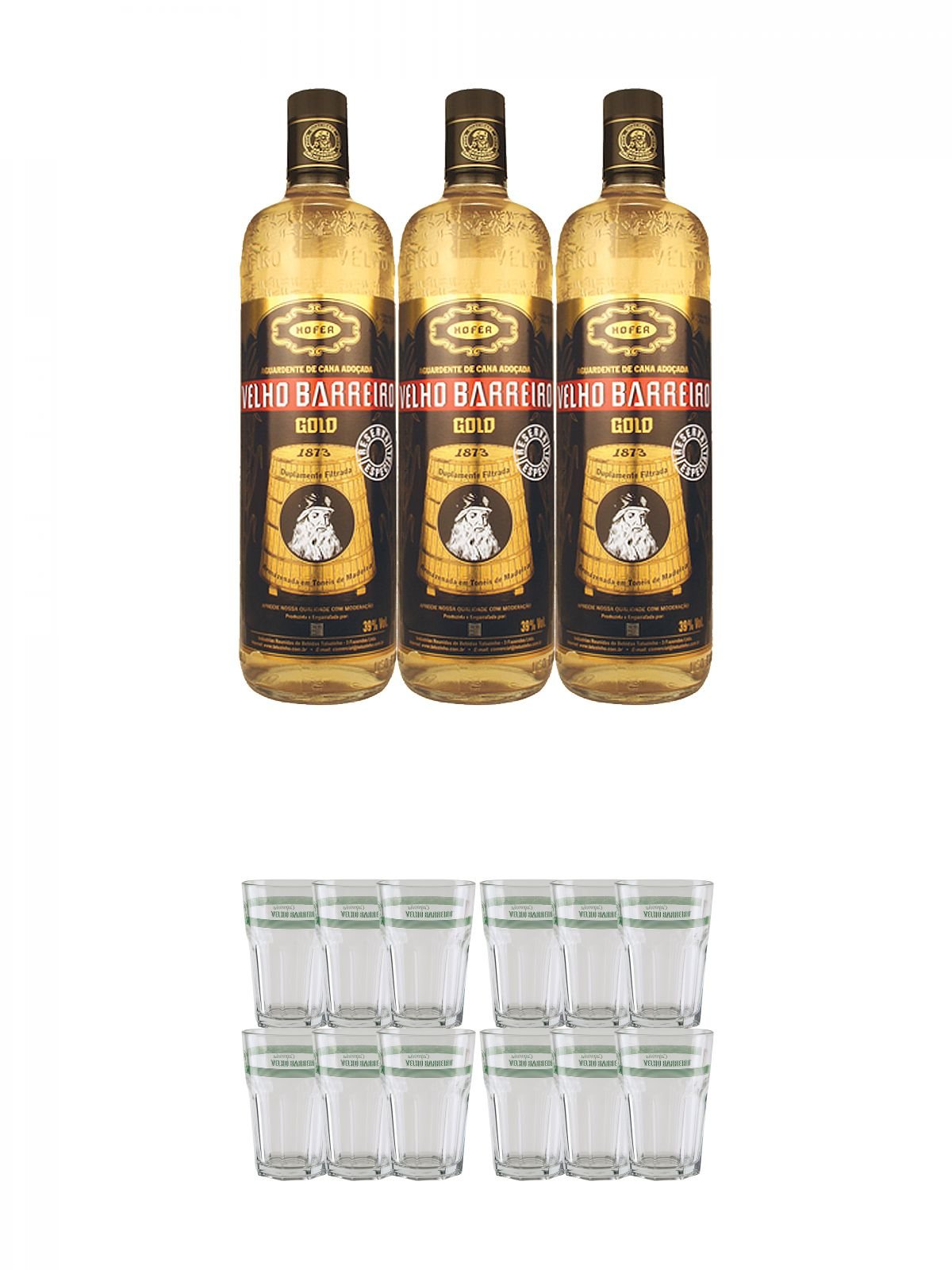 Velho Barreiro Gold Cachaca 3 x 1,0 Liter + Velho Barreiro Caipirinha Glas 6 Stück + Velho Barreiro Caipirinha Glas 6 Stück