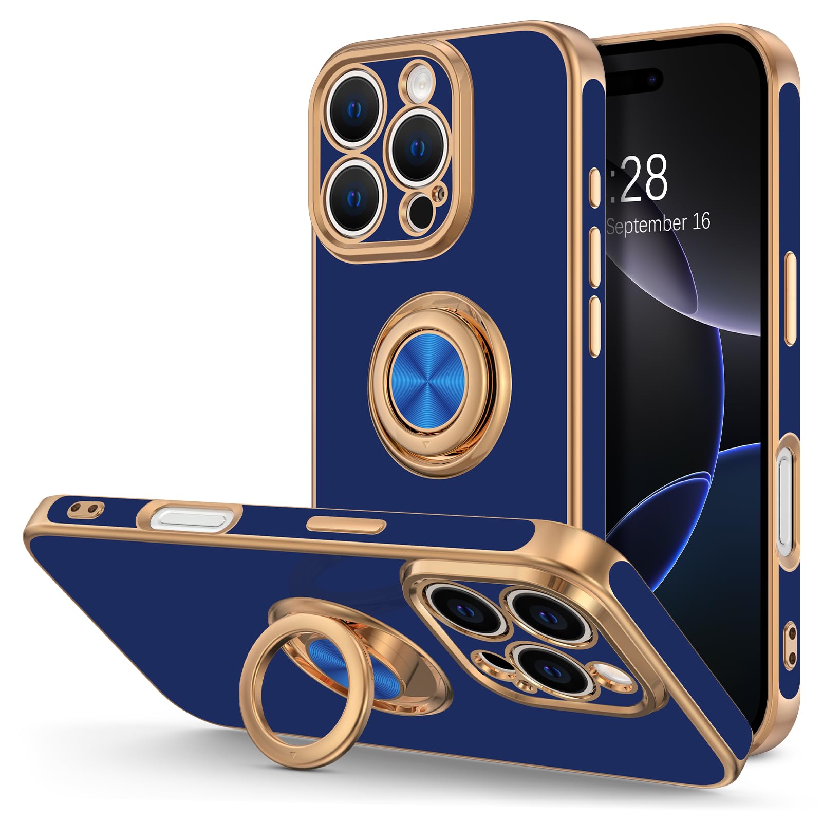 Hython for iPhone 16 Pro Case with Ring Stand, 360° Rotatable Ring Holder Magnetic Kickstand, Plating Rose Gold Edge Soft Cover Protective Phone Case