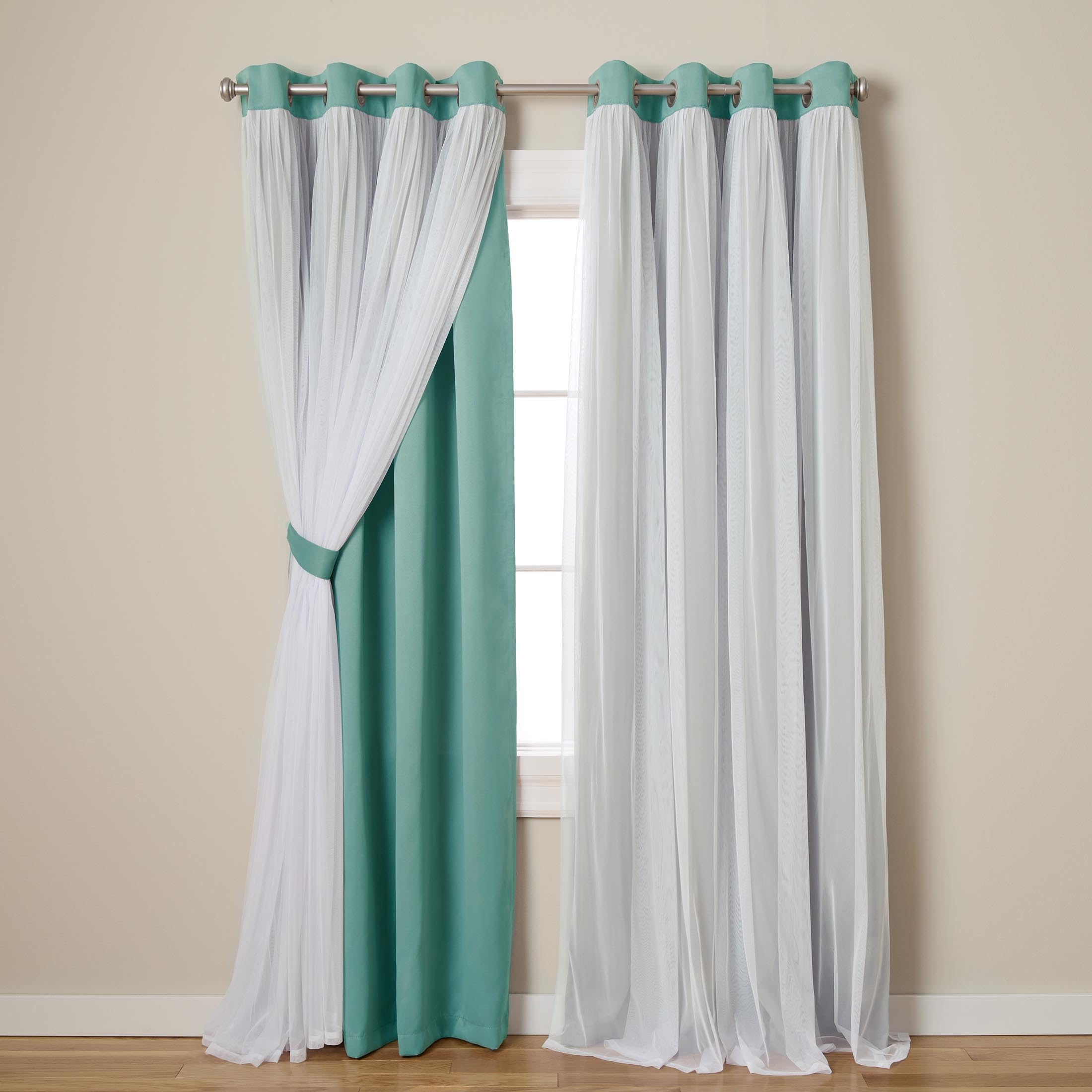 TOWN & COUNTRY LUXE Talia Double Layer Indoor Curtains, Sheer and Room Darkening Blackout, Grommet Top, Energy Efficient, 2-Pack Set, 52"x96", Turquoise