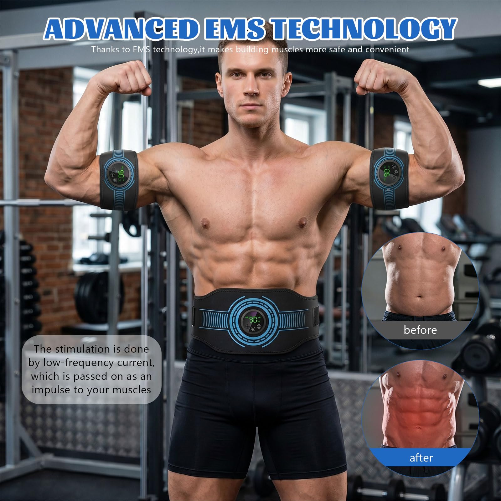 EMS Bauchmuskeltrainer, Bauchmuskeltrainer Elektrisch, mit 10 Trainingsmodi und 39 Intensitätsstufen, USB-Wiederaufladbarer Tragbarer EMS Trainingsgerät, Geeignet für Bauch und Arme