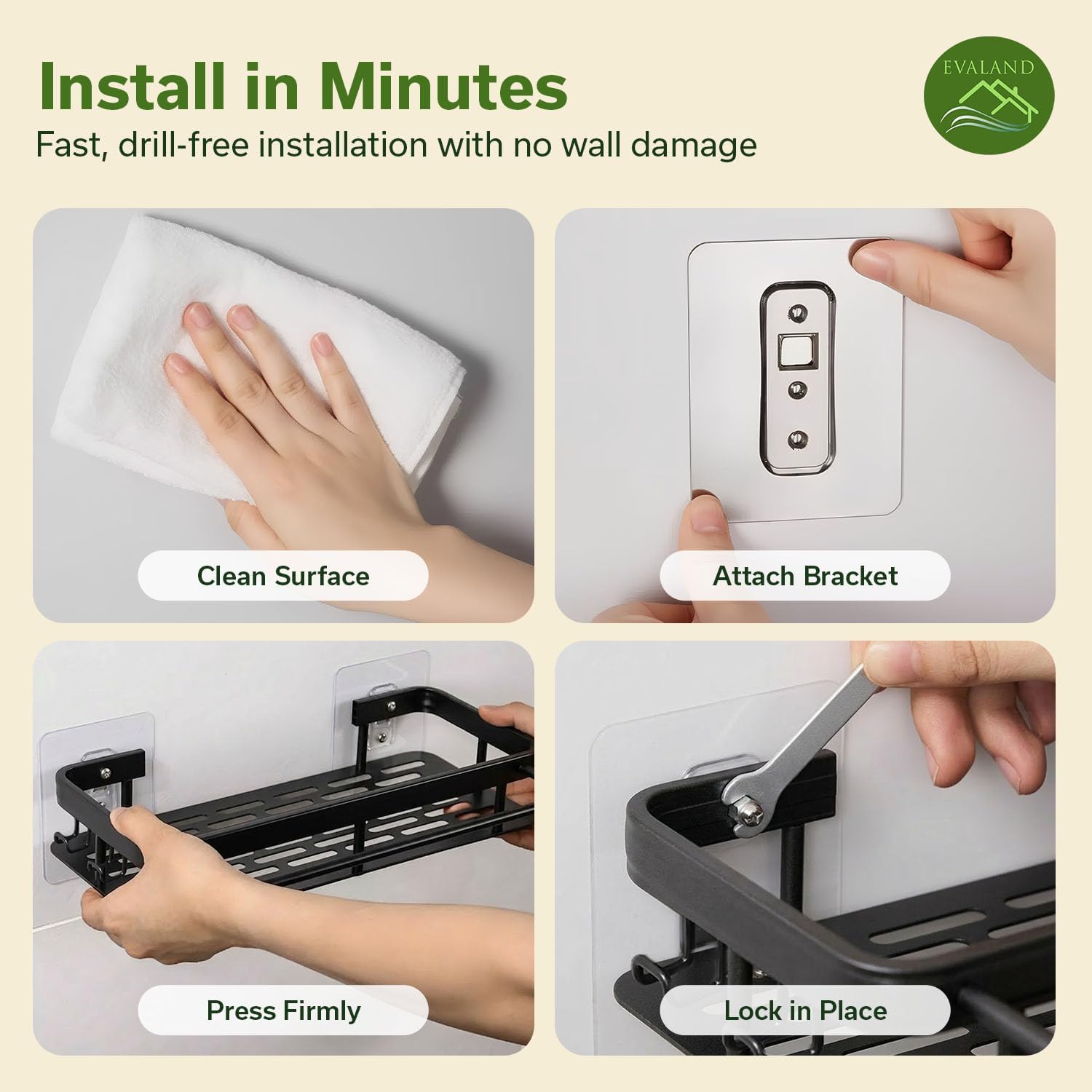 EVALAND Shower Caddy Adhesive 2-Pack with Hooks and Rod for Towels, Black – Premium Bathroom Shower Shelves, Shampoo Organizer, Bathtub Shelf, Rustproof, Easy Installation, Sturdy Modern Look