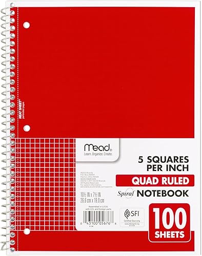 Mead Cuaderno de espiral, 1 tema, papel a rayas, 7-12" x 10-12", 100 hojas, rojo fuego (05676AB5)