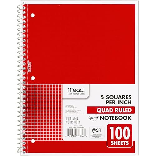 Mead Spiral Notebook, 1 Subject, Graph Ruled Paper, 7-1/2" x 10-1/2", 100 Sheets, Fire Red (05676AB5)