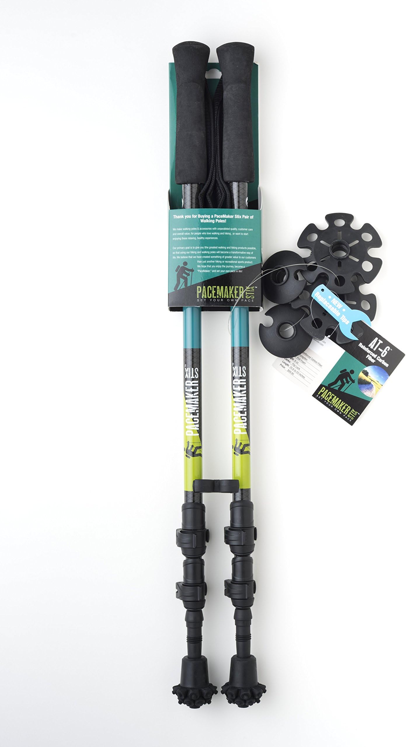 Pair of PaceMaker Stix Carbon Fiber at-6" Trekking Poles with Extended Life Rubber Feet and Attachments