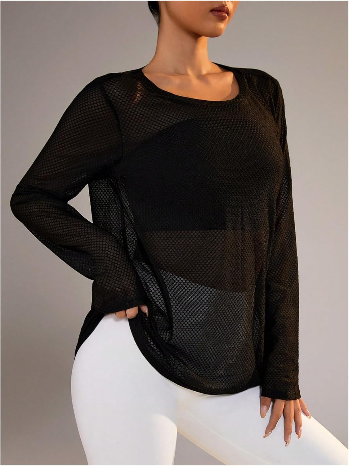 SweatyRocks Women's Long Sleeve Crew Neck Loose Gym Workout Mesh Smocked Tops - Image 3