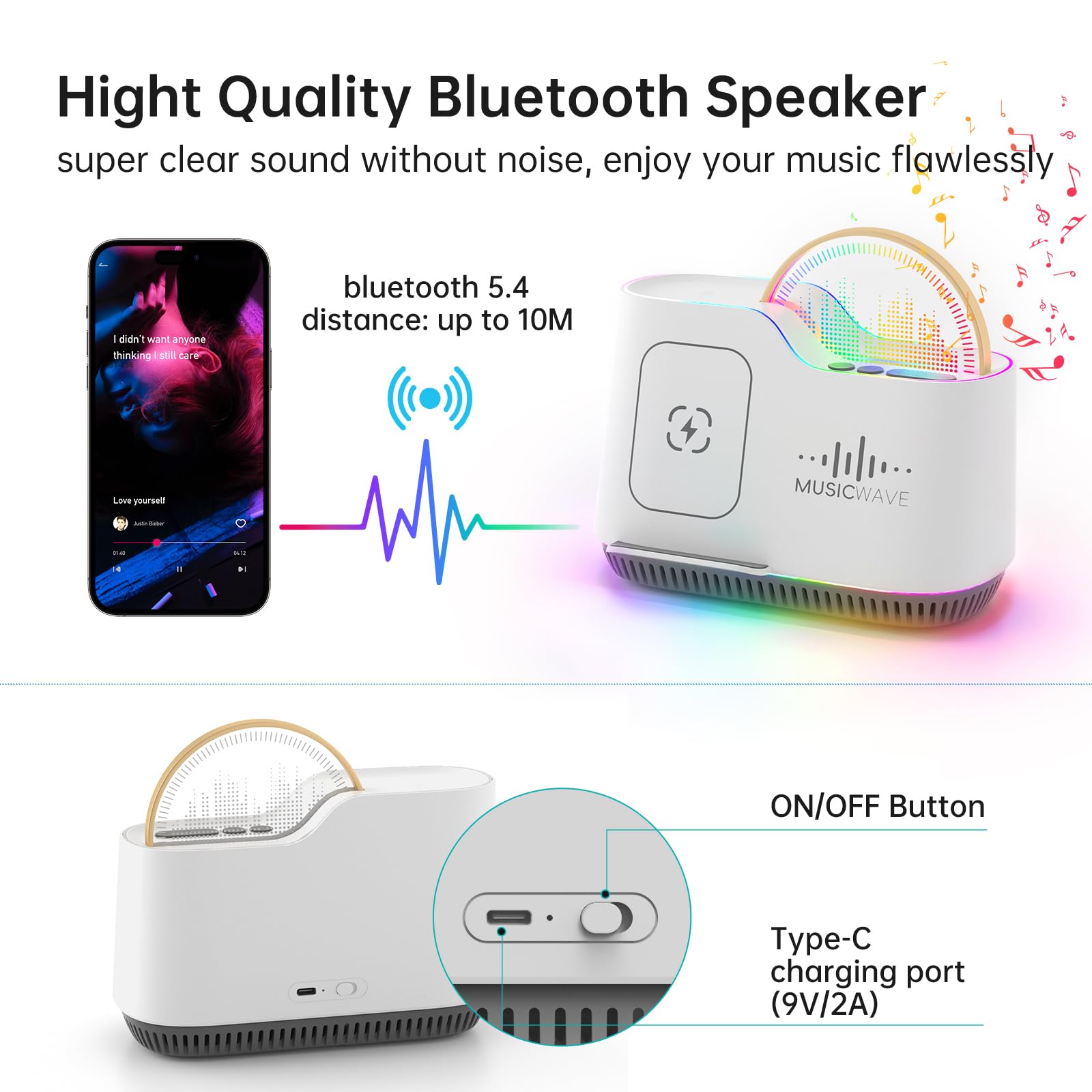 Bluetooth Speaker With Night Light And Wireless Charger, Touch Dimmable Bedside Lamp With 5 RGB Light Modes, Music Box And Inductive Charging Station, Men, Women, Young And Old - View #9
