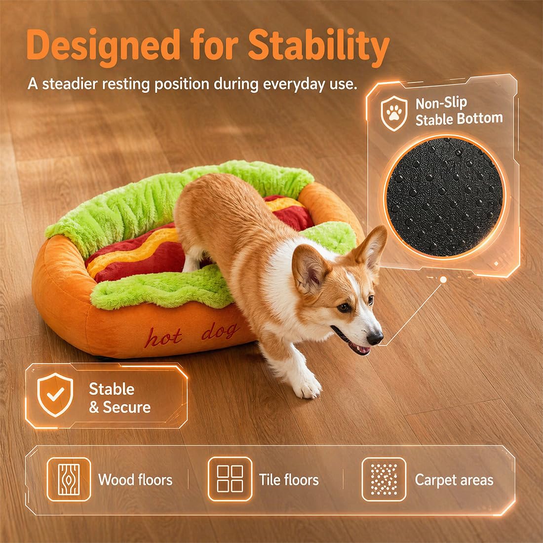 Cama Hot Dog para Perro Salchicha, Sofá de Peluche en Forma de Pan para Perros Pequeños y Gatos, Colchoneta Extraíble Lavable y Base Antideslizante (Hot Dog Bed,XL)