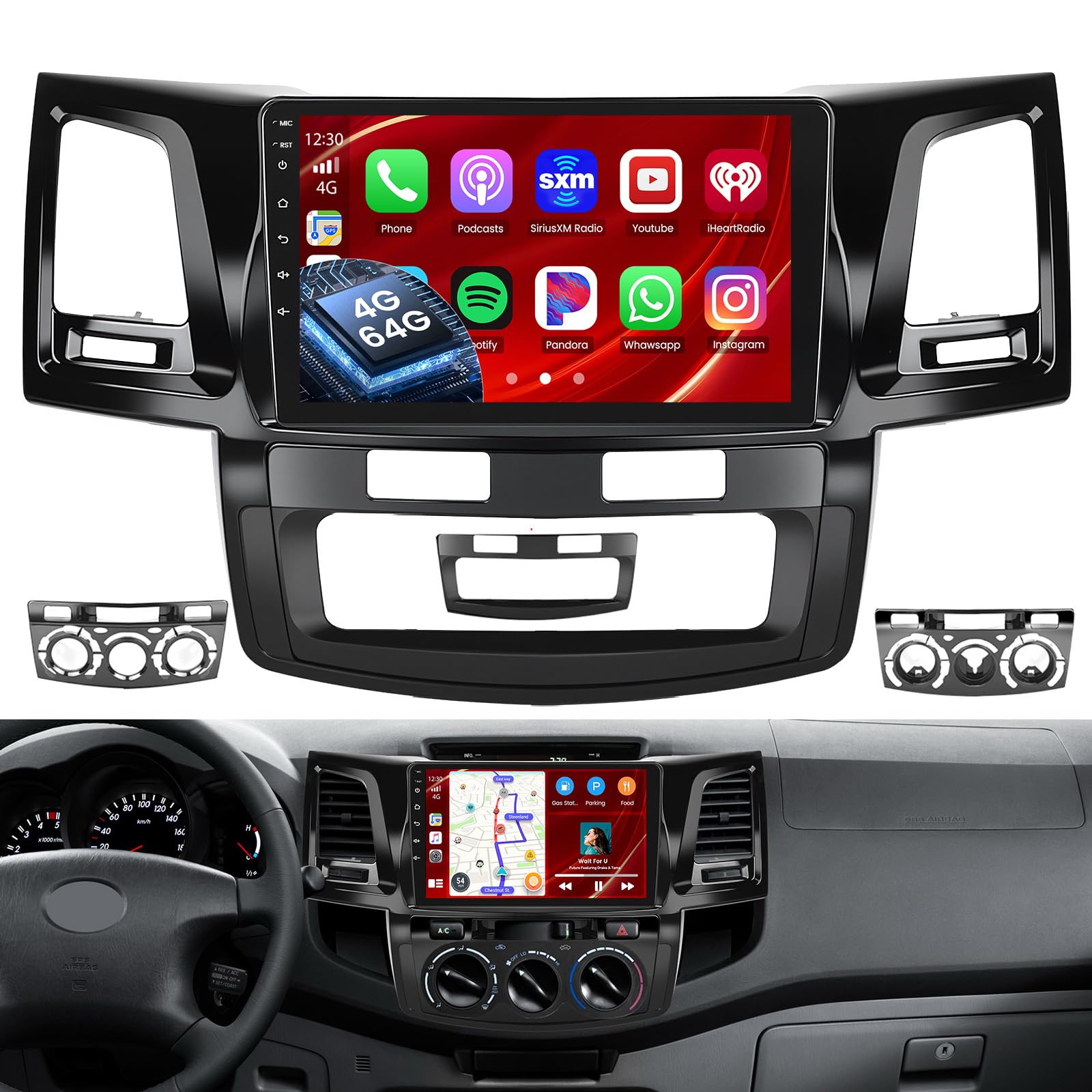 Autoradio Stéréo Android 12 Pour Toyota Fortuner HILUX Revo Vigo 2007-2015 Écran Tactile 9 Pouces Carplay Intégré Commandes Au Volant Android Auto 4G WiFi Bluetooth 5.0 Avec Caméra De Recul (Couleur