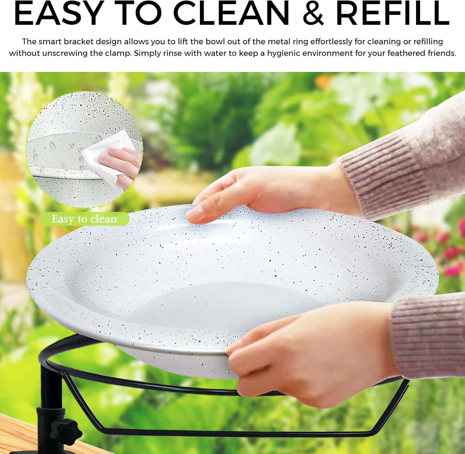 Deck Mounted Bird Bath and Feeder,11.5 Inch Large Gray Speckled Bowl,Heavy Duty Clamp On Deck Railing,Detachable Weather Resistant Balcony Bird Waterer for Outdoor Wild Birds