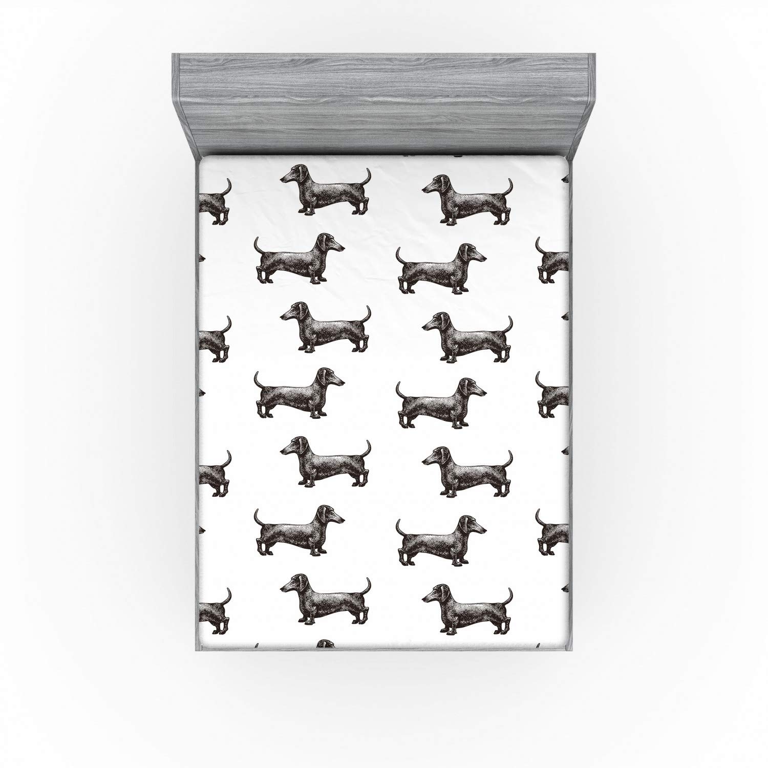Ambesonne Dachshund Fitted Sheet, Pattern Lines with Sausage Dog Looking Different Directions, Soft Decorative Fabric Bedding All-Round Elastic Pocket, Queen Size, Grey White