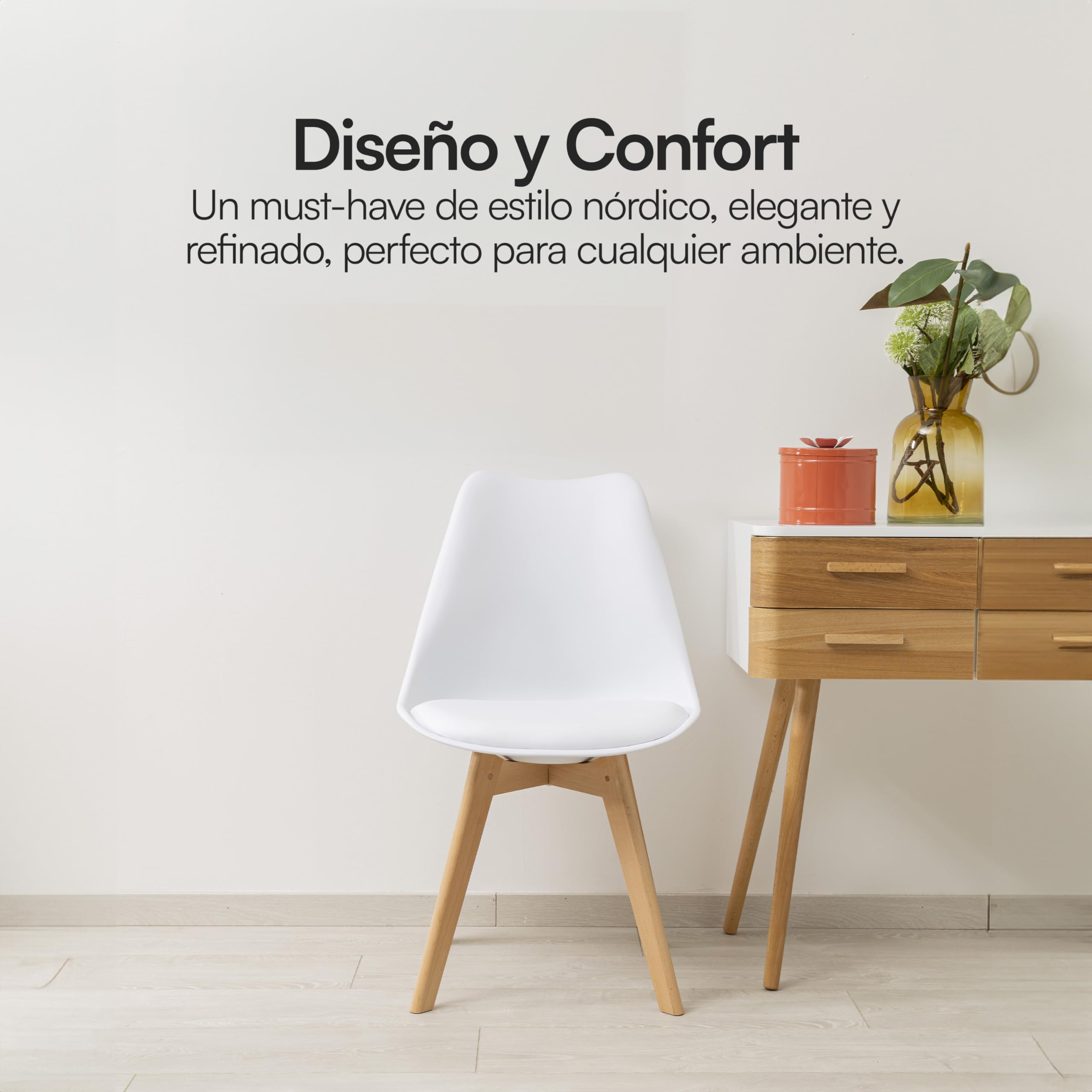 Baroni Home Silla de Comedor o de Trabajo con Patas de Madera, Silla Ergonómica con Cojín Integrado, 50X48X82 cm (Blanco, 4)