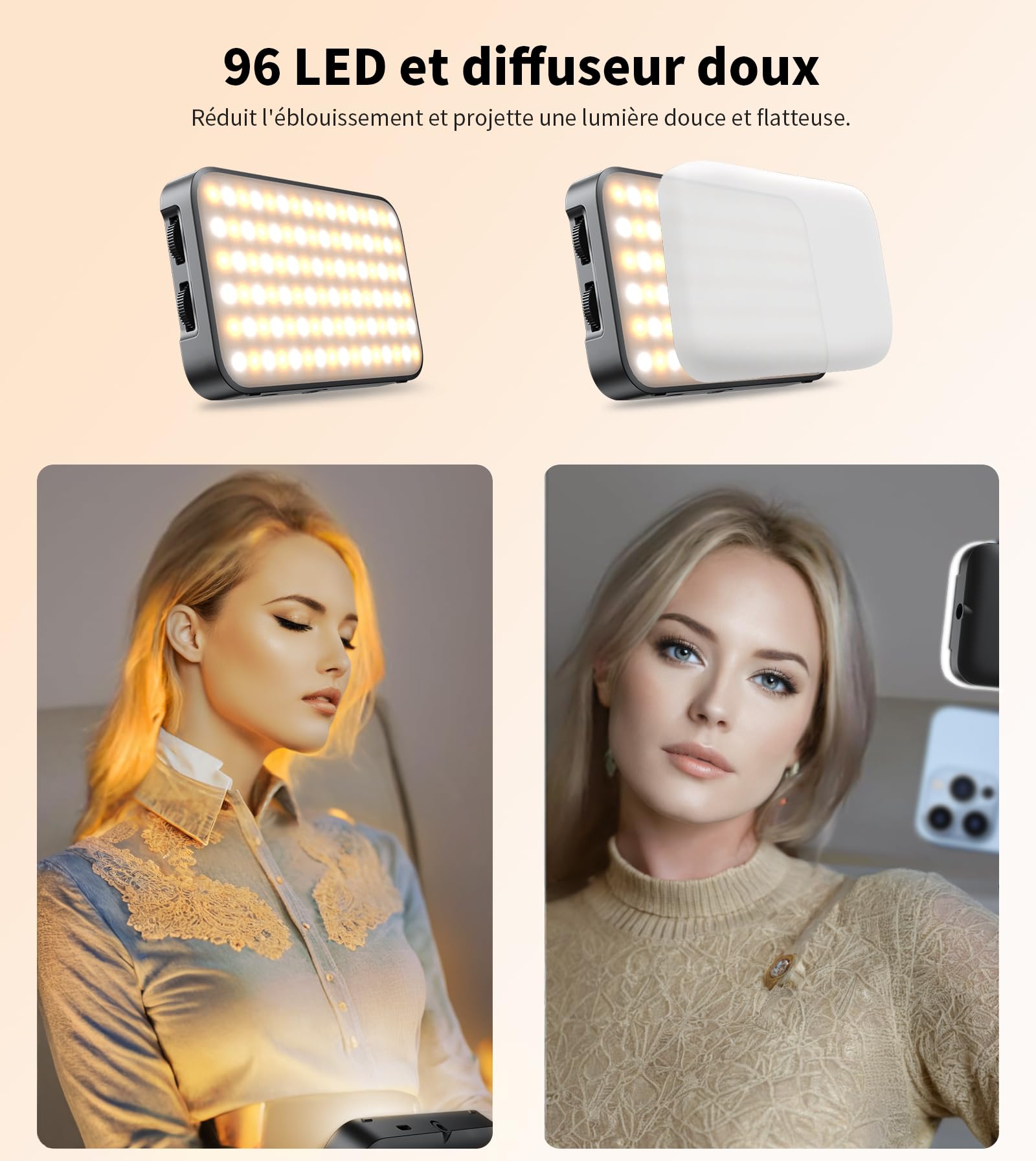 TONEOF 96 LED Lampe de Téléphone Améliorée avec Coque Souple&Support Intégré, Lampe pour Appareil Photo, Lamp de Visioconférence Rechargeable avec Réglage Multiple de la Luminosité, Lamp Selfie-Noir