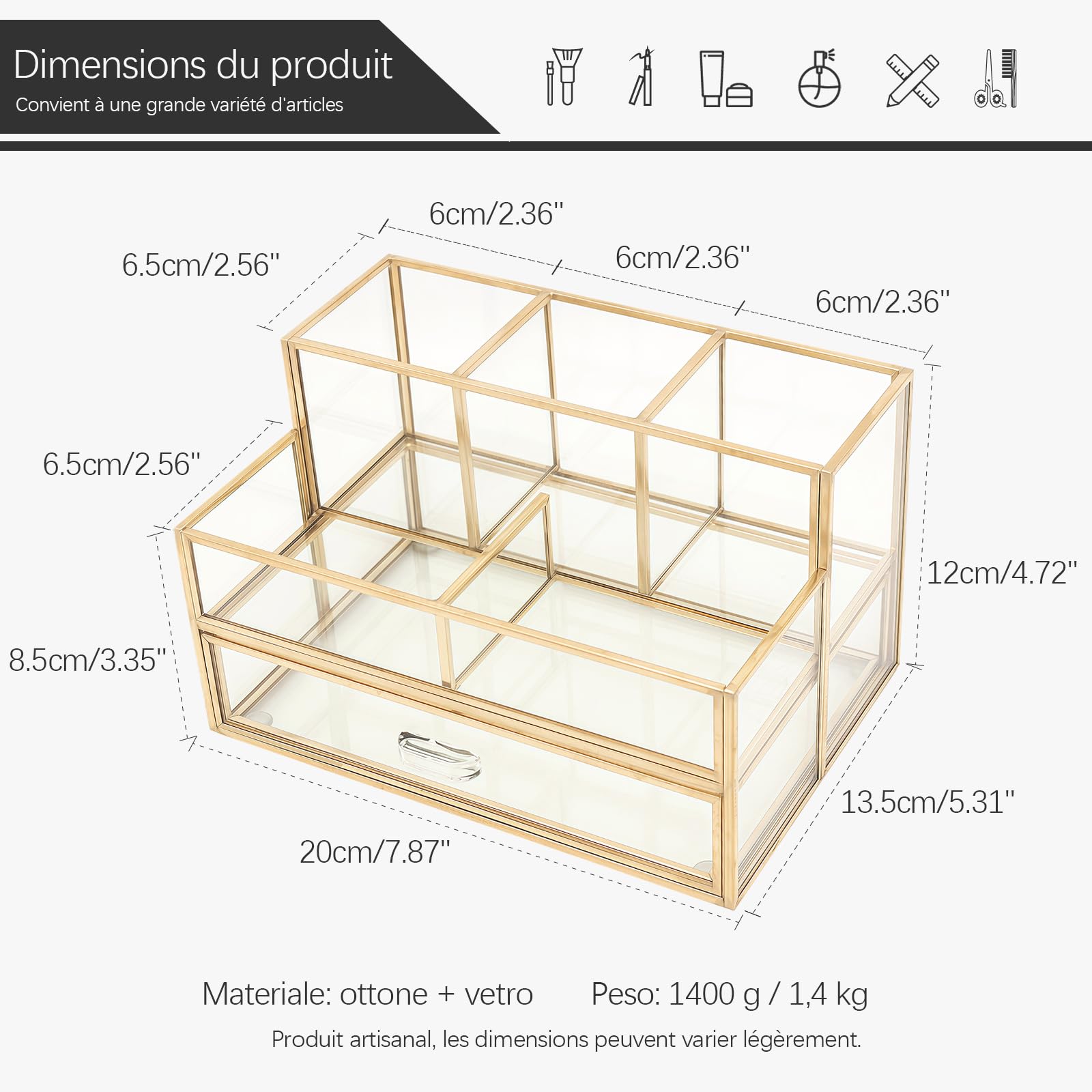 HARLIANGXY Organisateur Cosmétique avec Tiroirs, Rangement de Pinceaux de Maquillage, Makeup Organizer Box, Organisateur de Beauté pour Coiffeuse, Comptoirs de Salle de Bains, Doré