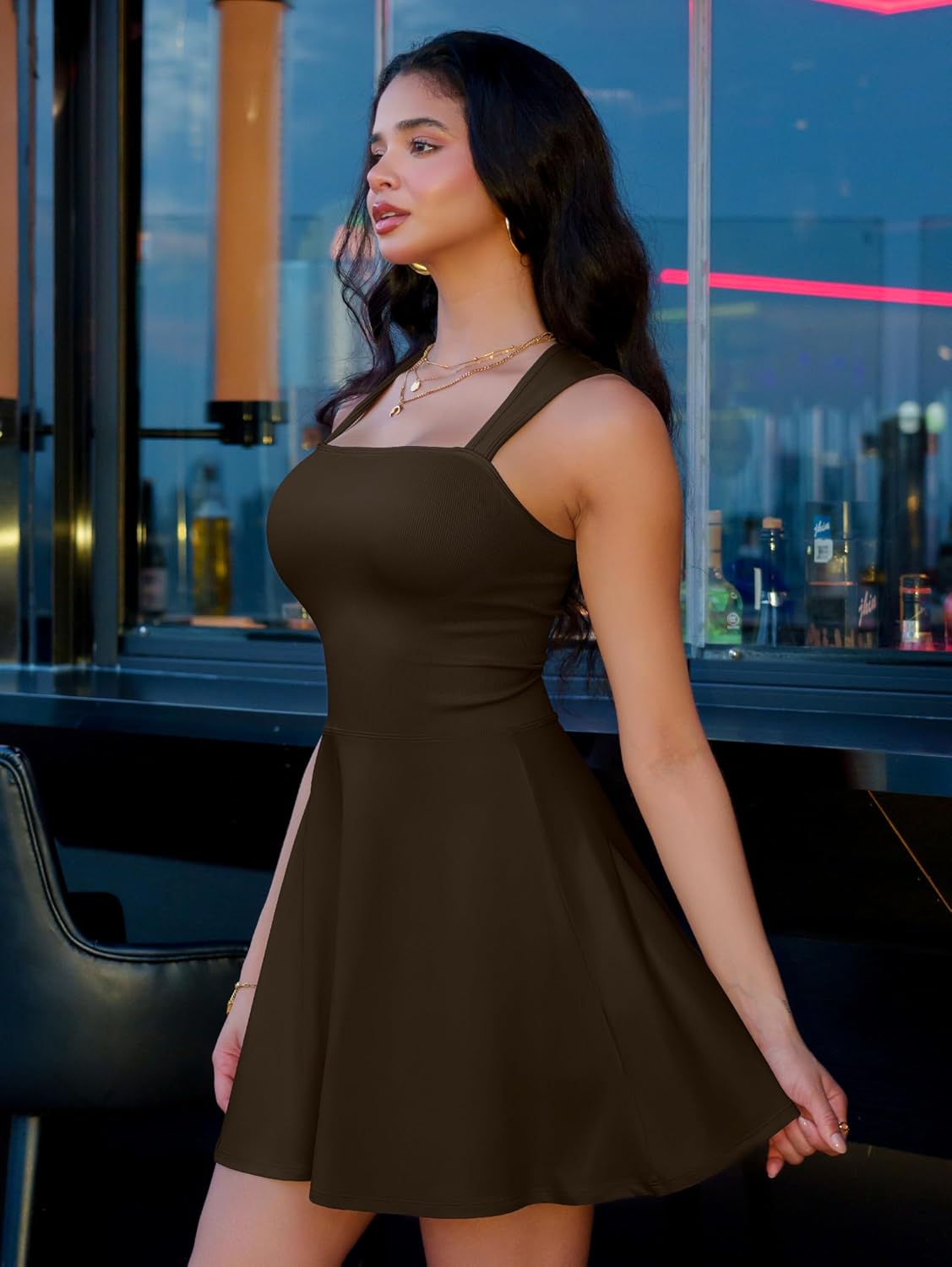 OQQ Women's Square Neck A-line Dress Sleeveless Tank Top Stretch Flare Mini Dresses - Image 6