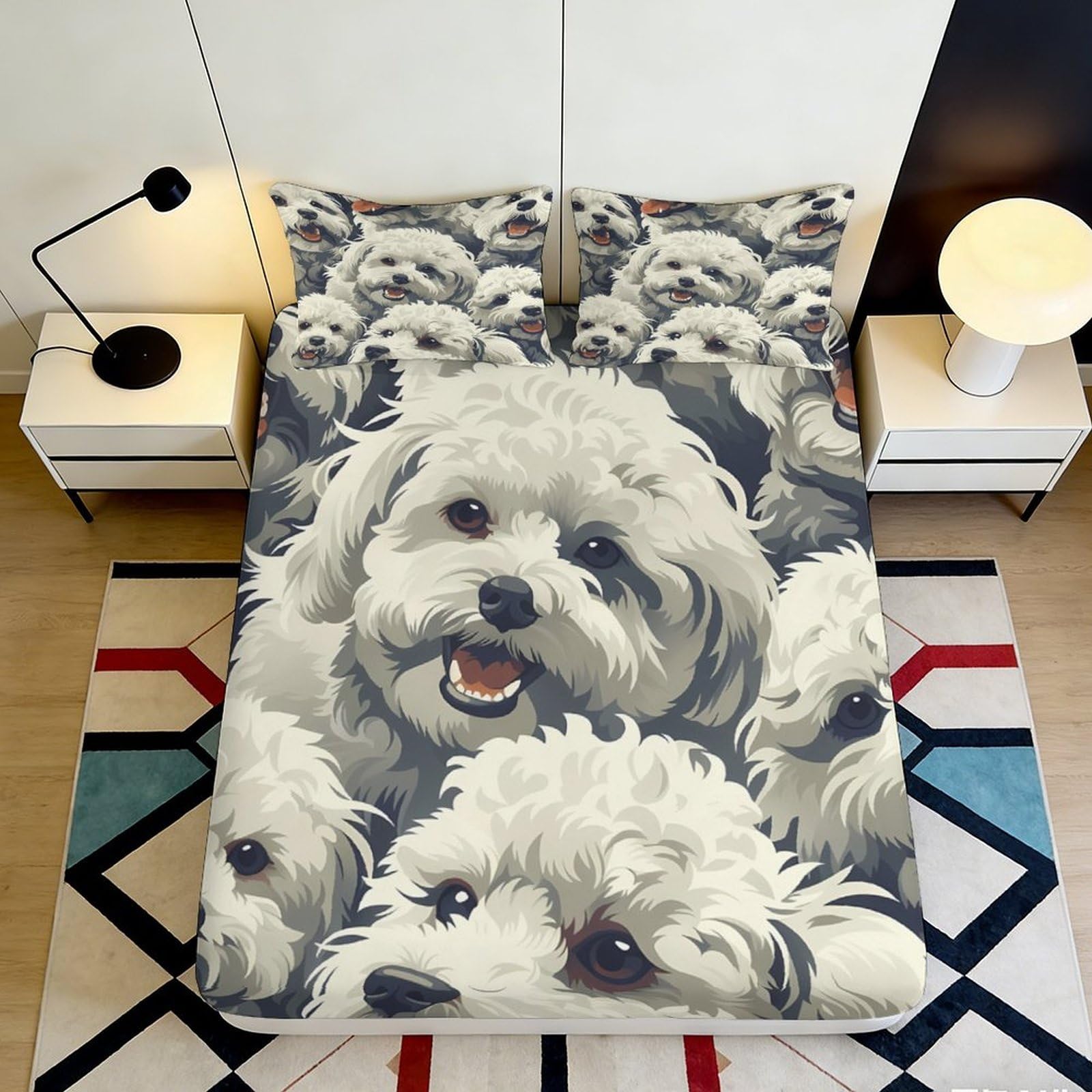 3D Printed White Poodle Fitted Sheet Microfiber Soft Bedroom Decor Cute Dog Pattern Mattress Cover Washable 90x200x25cm