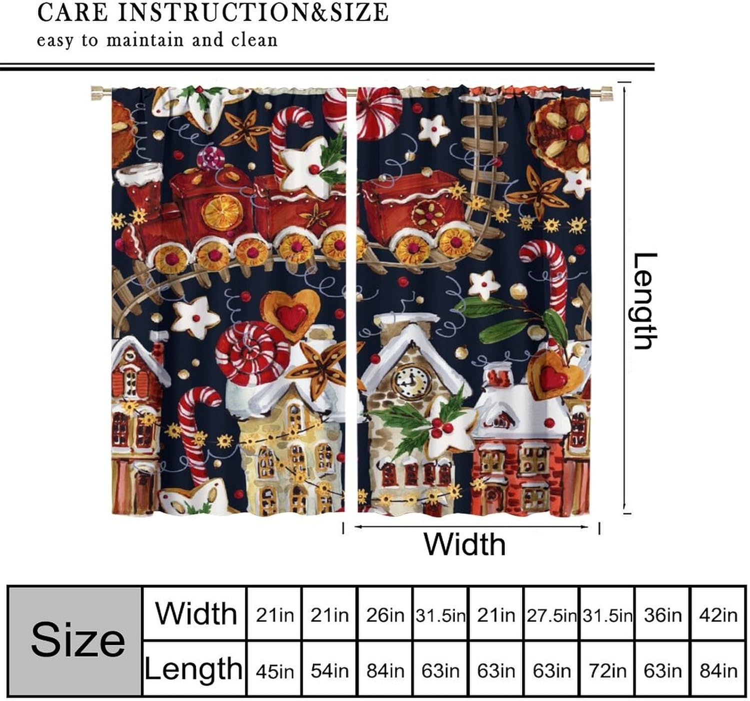Cartoon Dessert Candy Curtains,Christmas Delicious Dessert Train Christmas Biscuit Celebration Theme Printed Rod Pocket Window Drapes for Girls Kids Living Room Bedroom 63" W X 72" L