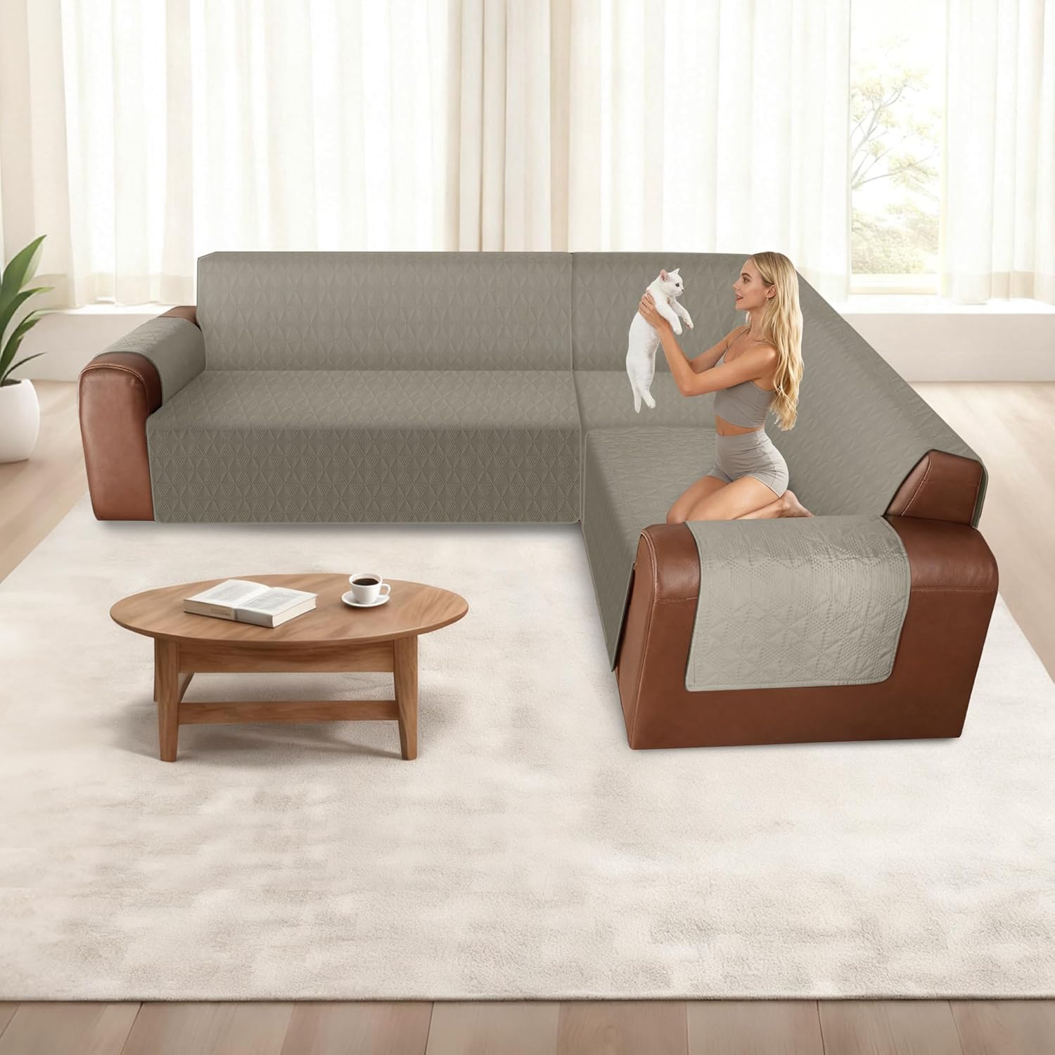 ALIECOM Corner Sectional Couch Covers L Shape Sofa Covers Washable Reversible Couch Cover for Sectional Slipcover U Shape Pet Dogs Furniture Protector with Elastic Straps (Khaki, X-Large)