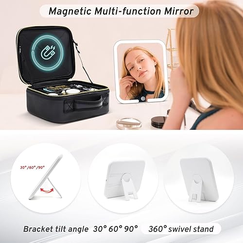 Miniatura 2 de Estuche de maquillaje con espejo y luz de 3 colores para ajustar el brillo, bolsa de maquillaje con espejo, estuche de cosméticos recargable con