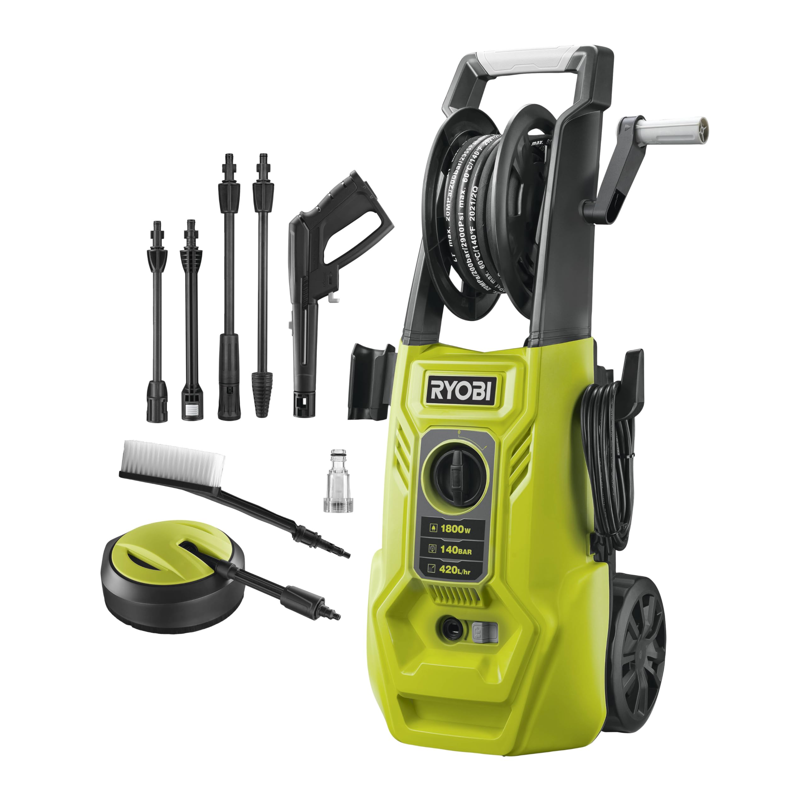 RYOBI RY140PWA-P Nettoyeur Haute Pression 1400 W – 110 Bar, 360 L/h, Lance + Buses + Détergent Inclus, Enrouleur de Tuyau, Pompe Aluminium – Nettoyage Terrasse, Vélo, Mobilier de Jardin