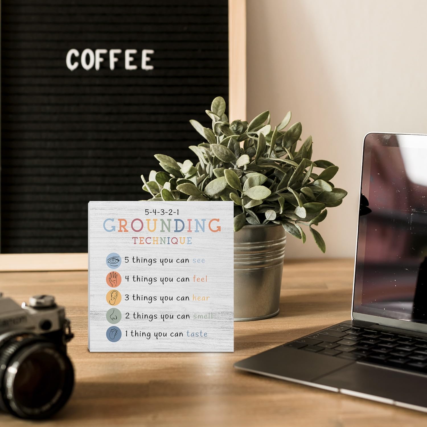 Mental Health Wooden Box Sign, Therapy Office Decor, Grounding Technique Wood Block Box for School Counselor Counseling Mental Health Office Desk Shelf Table Decor, 5x5 Inch - Image 4