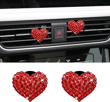 2PCS Heart-Shaped Car Vent Clips with Rhinestone, Bling Heart Car Air Vent Clips Charms, Rhinestone Air Conditioning Outlet Clip, Universal Car Interior Decorative Accessories for Women Girls