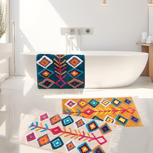 Miniatura 6 de Alfombra de baño bohemia con borlas, color azul marino, antideslizante, con flecos, para casa de campo, alfombra de baño esponjosa, lavable para