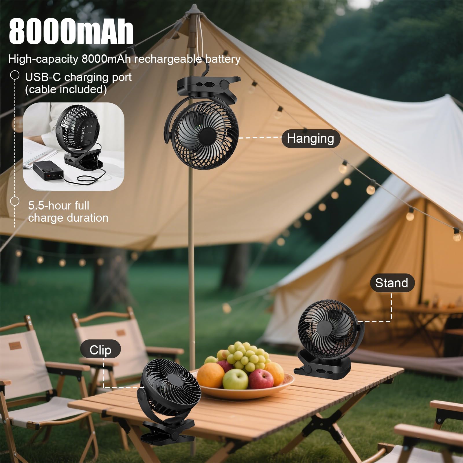 8000mAh Mini USB Ventilator Akku,Tischventilator mit Clip,3-Gang ventilator kinderwagen mit LED-Nachtlicht &Fernbedienung,360° Rotation, Aufladbar Batterie Portable Table Fan Mini Ventilator