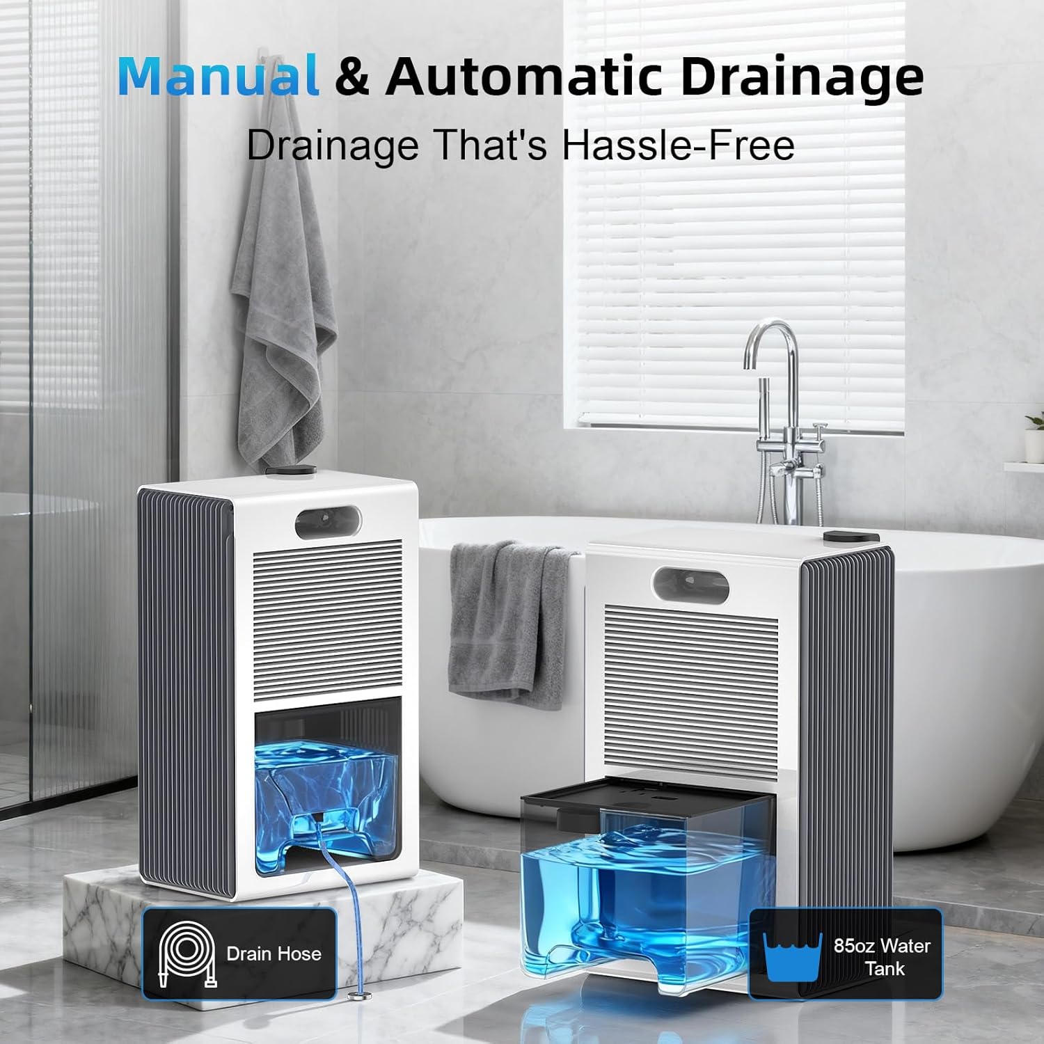 Dehumidifier for Home (85 OZ, 1000 sq ft) Small Dehumidifiers for Basement, Auto Shut-Off, Sleep Mode, 7 Color Light, Quiet Dehumidifier for Bedroom, Bathroom, Living Room with Drain Hose(White Grey)