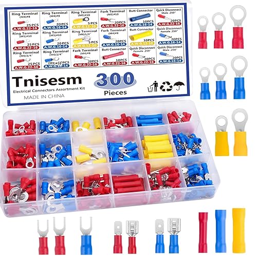 Tnisesm Kit surtido de conectores de crimpado de alambre aislado de 300 piezas con anillo, pala, tope, desconexión rápida, terminales de cable