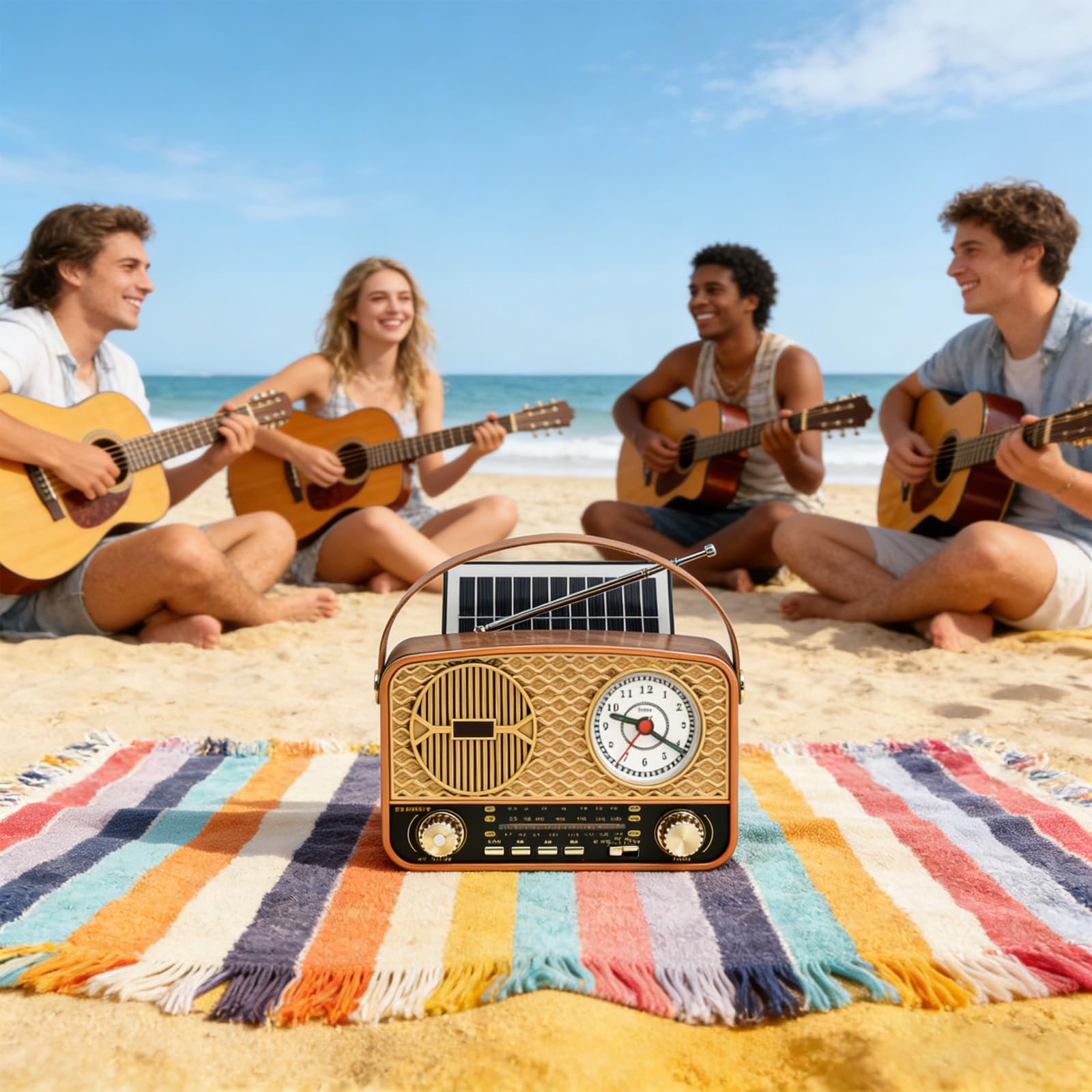 Radio retro AM/FM/SW Radio portátil pequeña, vintage, funciona con batería, radio solar con panel solar, radio de cocina con altavoz Bluetooth, compatible con función USB/TF, función de reloj