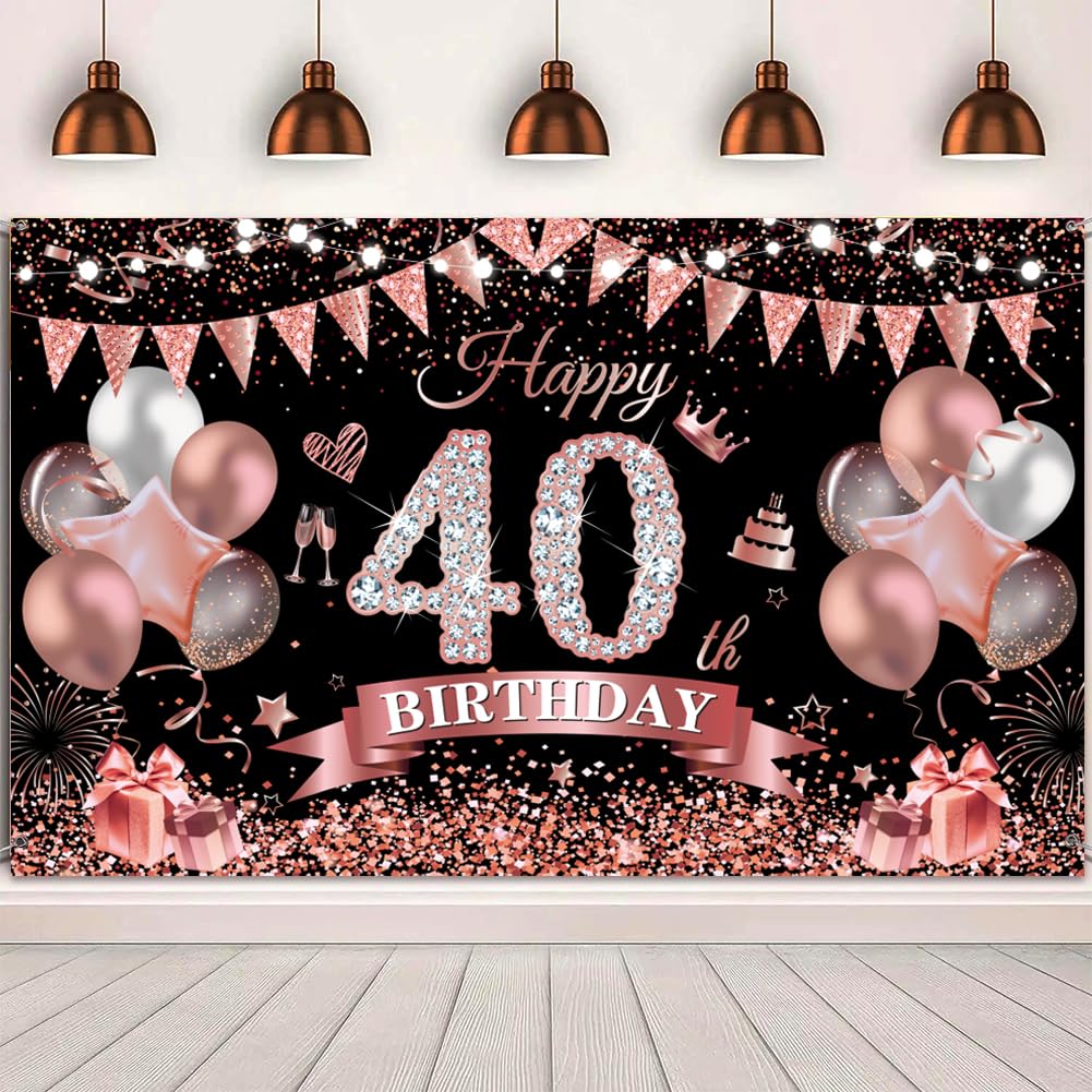 Yontree Happy 40th Birthday Banner 180 * 110cm Black Rose Happy 40th Birthday Banner Backdrop 40th Birthday Decorations for Girls Women, 40 Years Old Birthday Anniversary Party Supplies