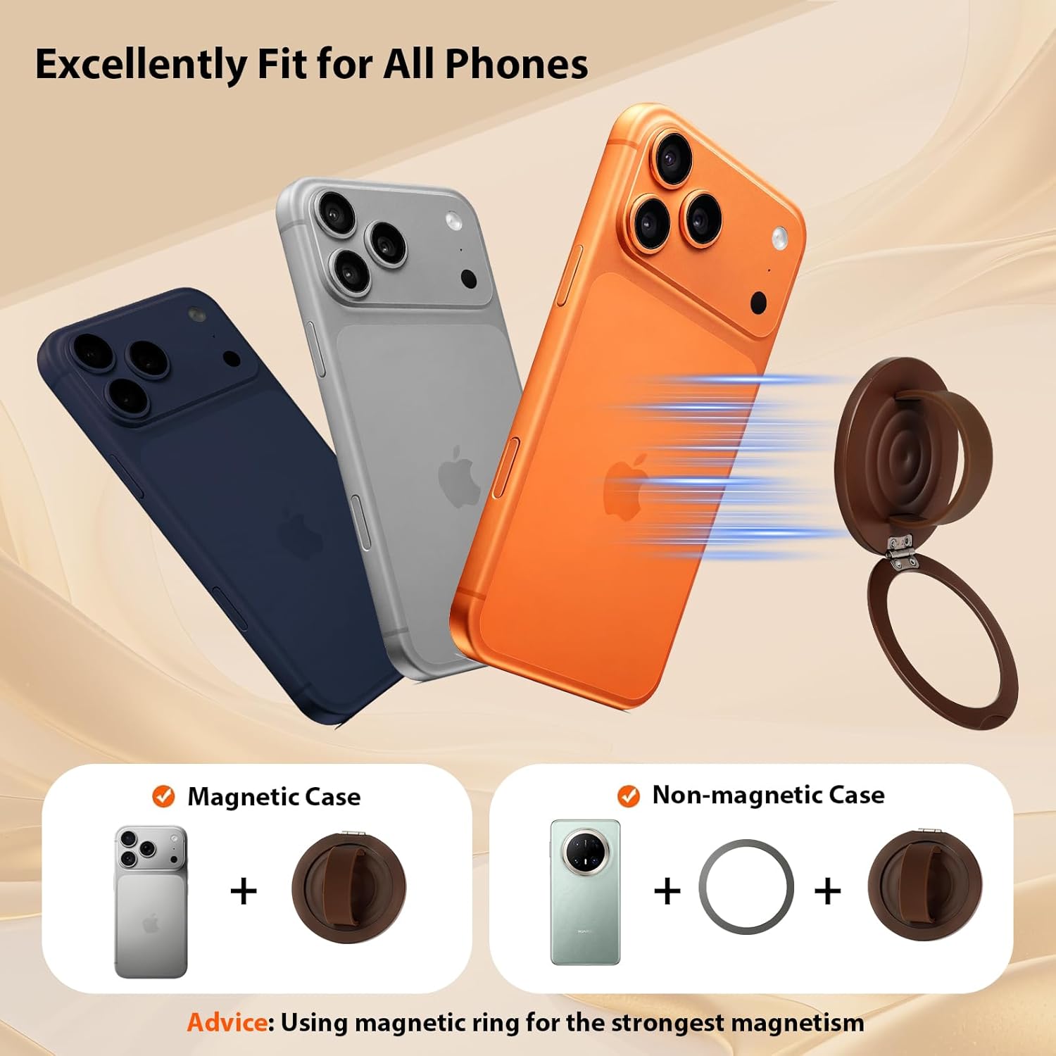 Upgraded Magnetic Phone Grip&Phone Stand, Liquid Silicone Soft and Portable Phone Ring, Removable Finger Loop Ring Grip Holder for iPhone, Strong Magnetic , Compatible with MagSafe Phone Case Brown - Image 8