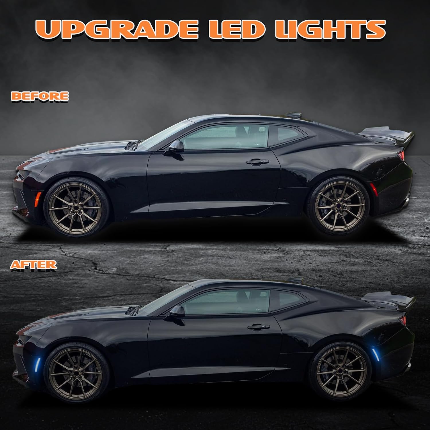 Blue Side Marker Lights Compatible with Chevy Camaro LS LT SS RS ZL1 2016-2023, Front Rear Bumper Dual Rows LED Fender Sidemarker Lamps, Reflectors Smoked Lens 4PCS