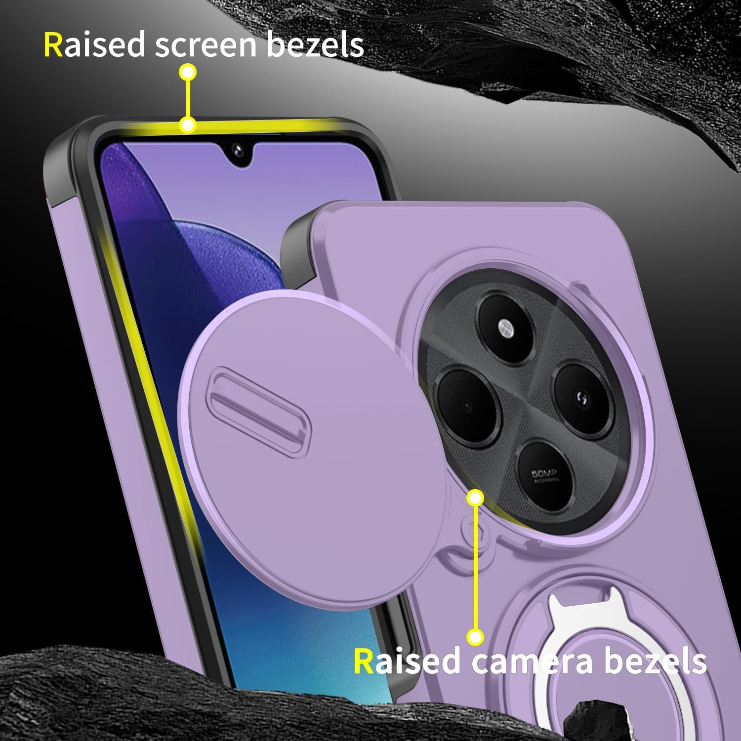 for Xiaomi Redmi 14C Case with Slide Camera Cover and Rotating Kickstand Ring, Slim Magnetic Shockproof Accessories Phone Case for Redmi 14C (Purple) - Image 4