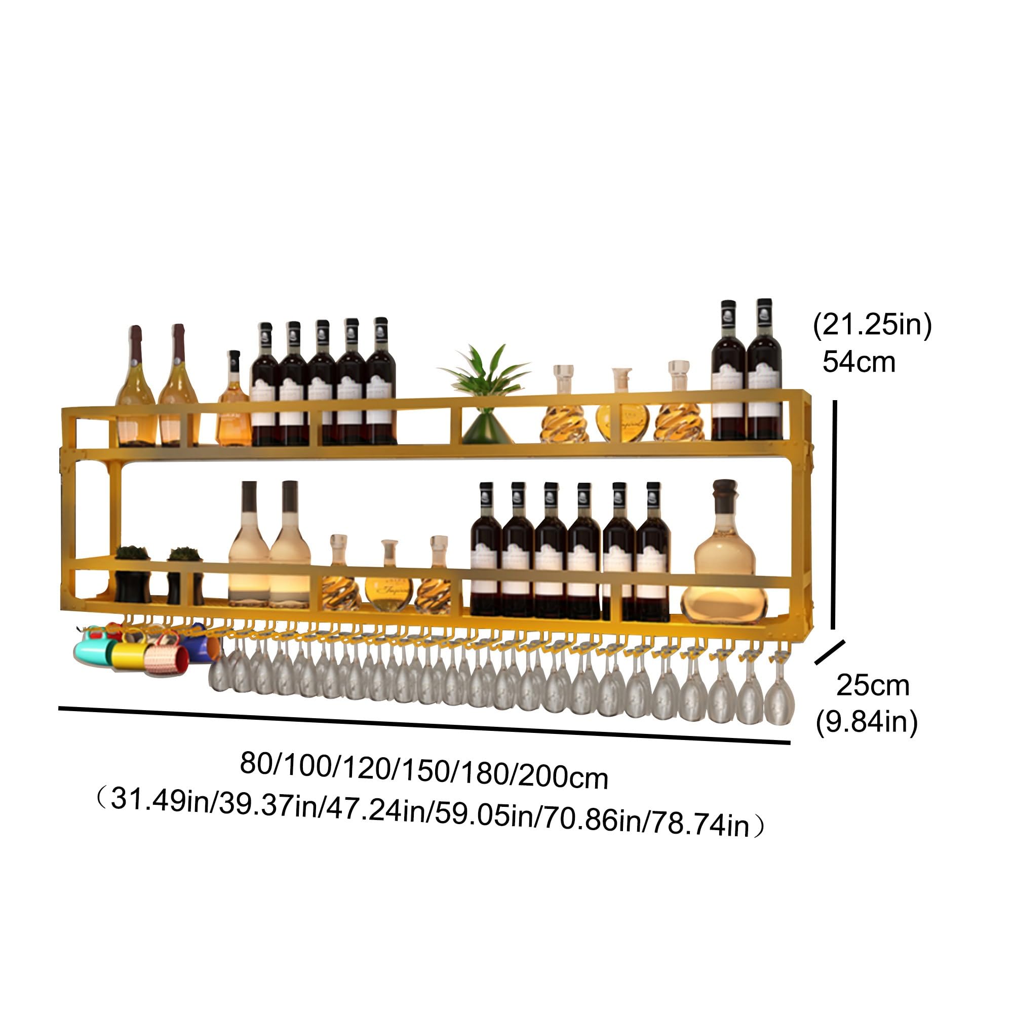 Portabottiglie Porta Bottiglie di Vino da Parete con Portabicchieri Cantinetta Vino con Luce Scaffale da Parete Mensole Cucina Angolo Bar per Casa Mobile Bar per Cucina Sala da Pranzo Bar(Gold,2 LAYER