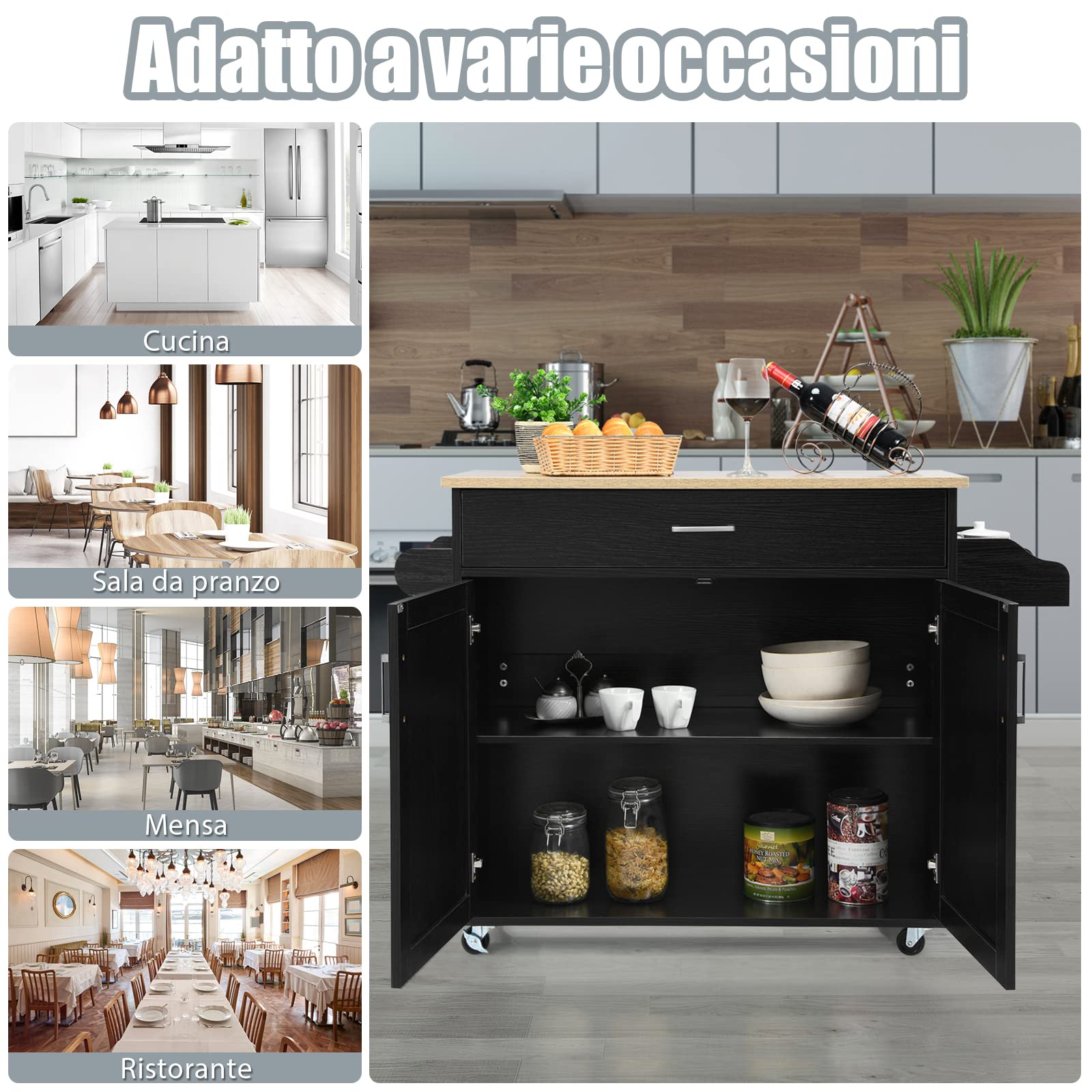 COSTWAY Carrello da Cucina con Ruote di Gomma, Scaffale per Microonde Carrello Servizio, Mobile Cucina con Ripiani e Ante, Credenza Cucina Legno Moderno Elegante, 116 x 37 x 85 cm (Nero)