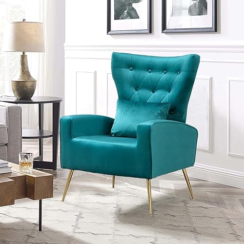 Miniatura 14 de Silla moderna de terciopelo para sala de estar, dormitorio, silla con respaldo alado con brazo y patas doradas, silla auxiliar de recepción de