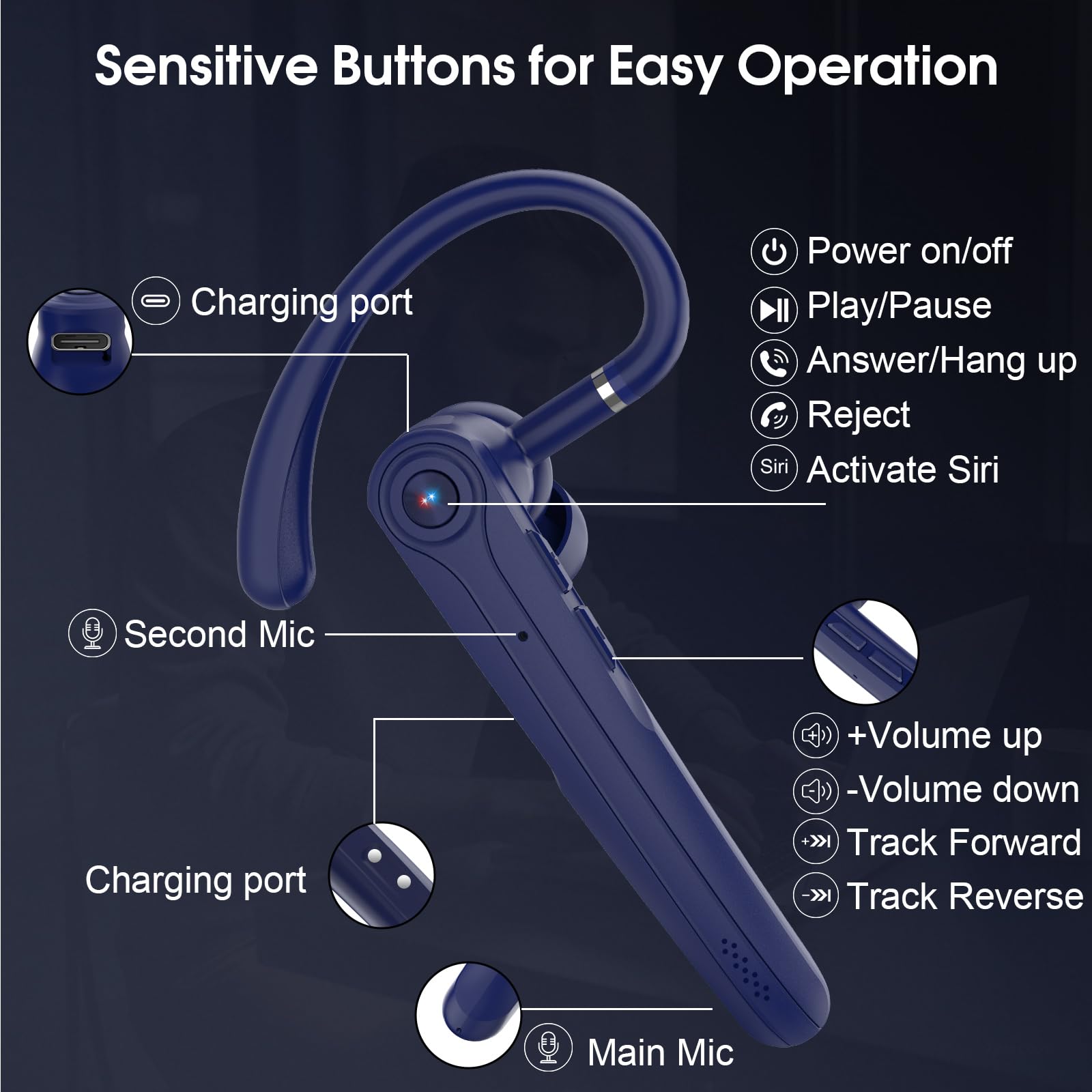 Casque Bluetooth V5.4 sans fil mains libres avec CVC 8.0 et double microphone ENC, écouteurs Bluetooth sans fil avec 25 heures de temps de conversation, 120 h de veille, pour la conduite, le bureau