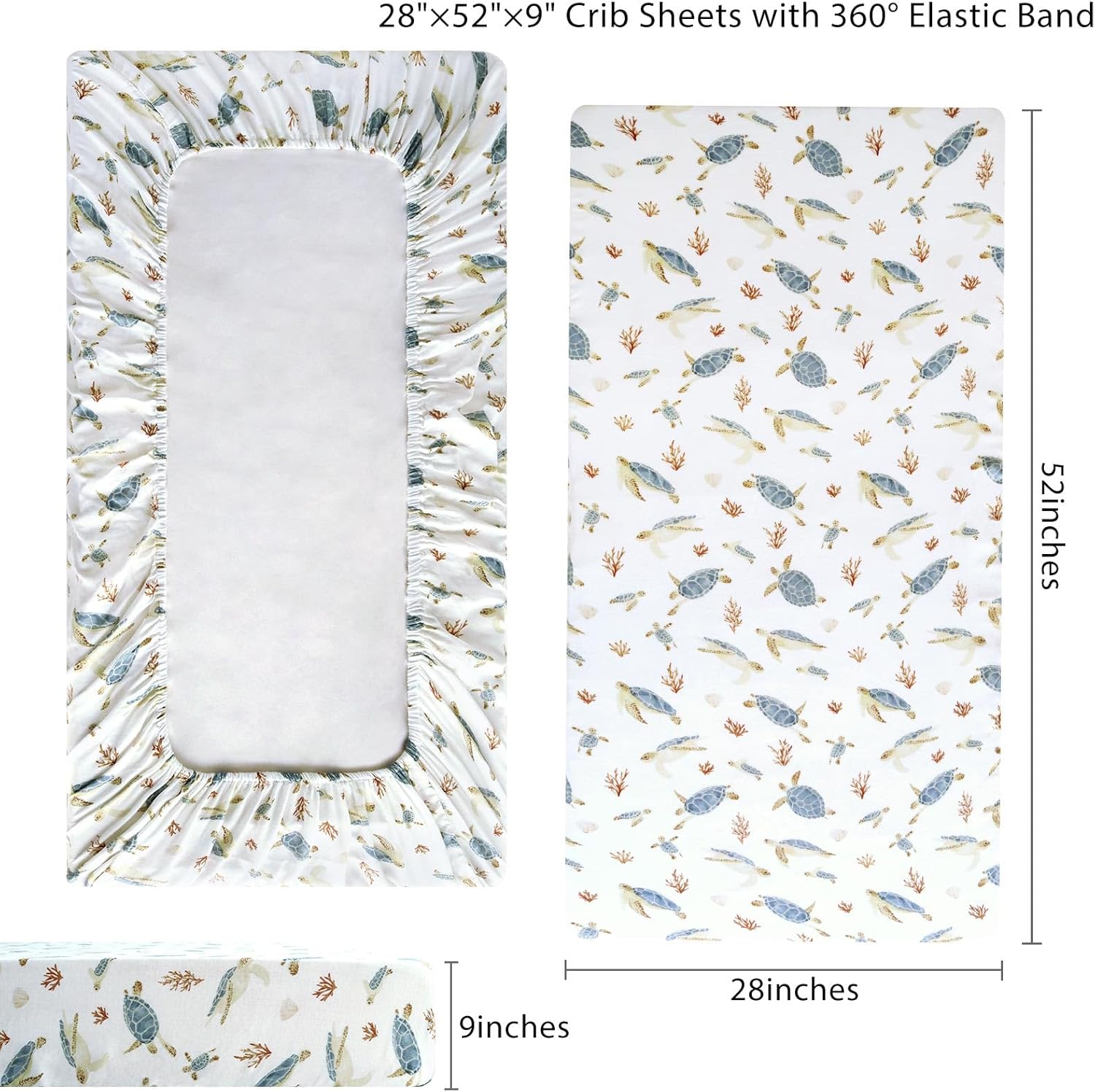 LifeTree Crib Sheets for Baby Unisex - Muslin Fitted Crib Sheets Toddler Bed Sheet, 70% Viscose from Bamboo and 30% Cotton, Fits Standard Crib, Sea Turtle, 28in x 52in