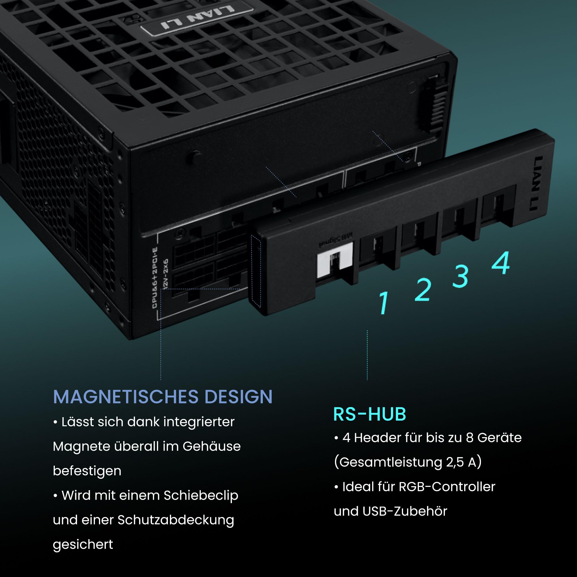 Lian Li RS Series Netzteil – 1.200 W Schwarz | 80 Plus Gold Effizienz, ATX 3.1, Vollmodular, Drehbarer AC-Anschluss & RS USB-Hub, Modernes Leises Gaming-PC PSU