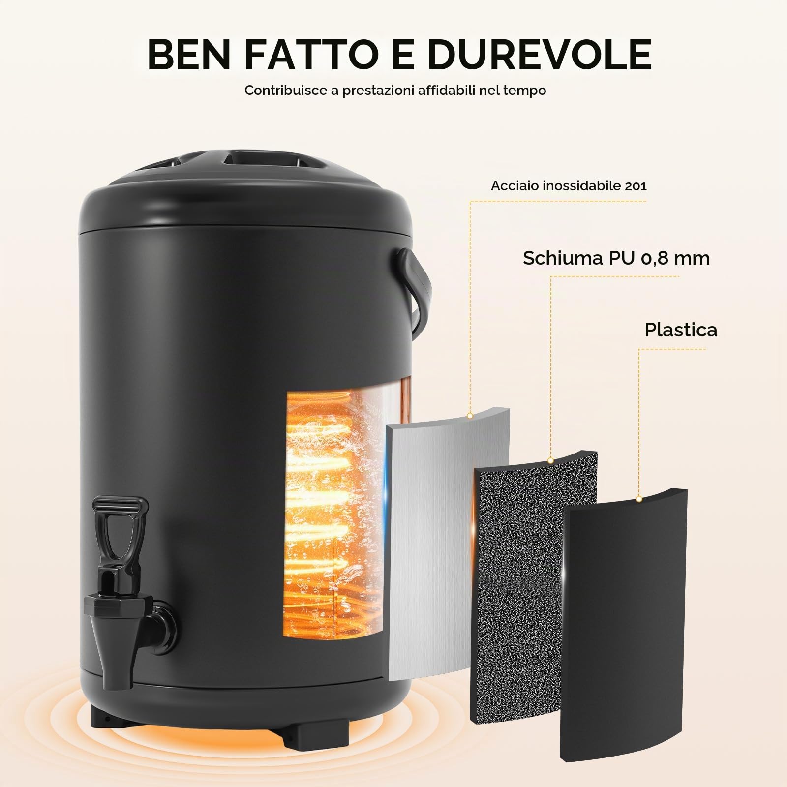 Thermos da 10 litri con beccuccio, dispenser isolato per bevande calde e fredde (nero), doppio thermos in acciaio inox, ideale per limonata, tè freddo e caffè