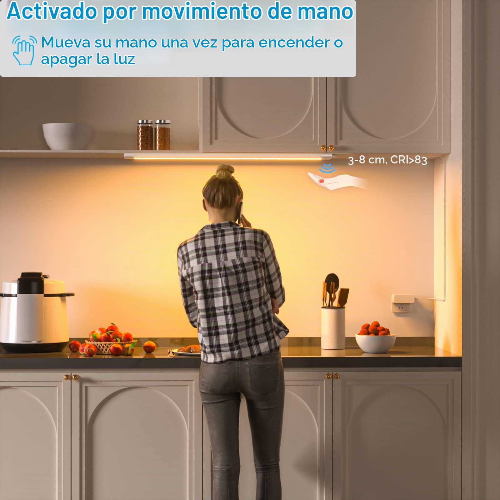 WOBANE 42 cm Luz Bajo Mueble Cocina Enchufable con Sensor Sin Contacto | Regulable, 5 Temperaturas de Color, para Interior, Armarios, Estantería, Escritorio, Encimera cocina, Lavanderías, 24V