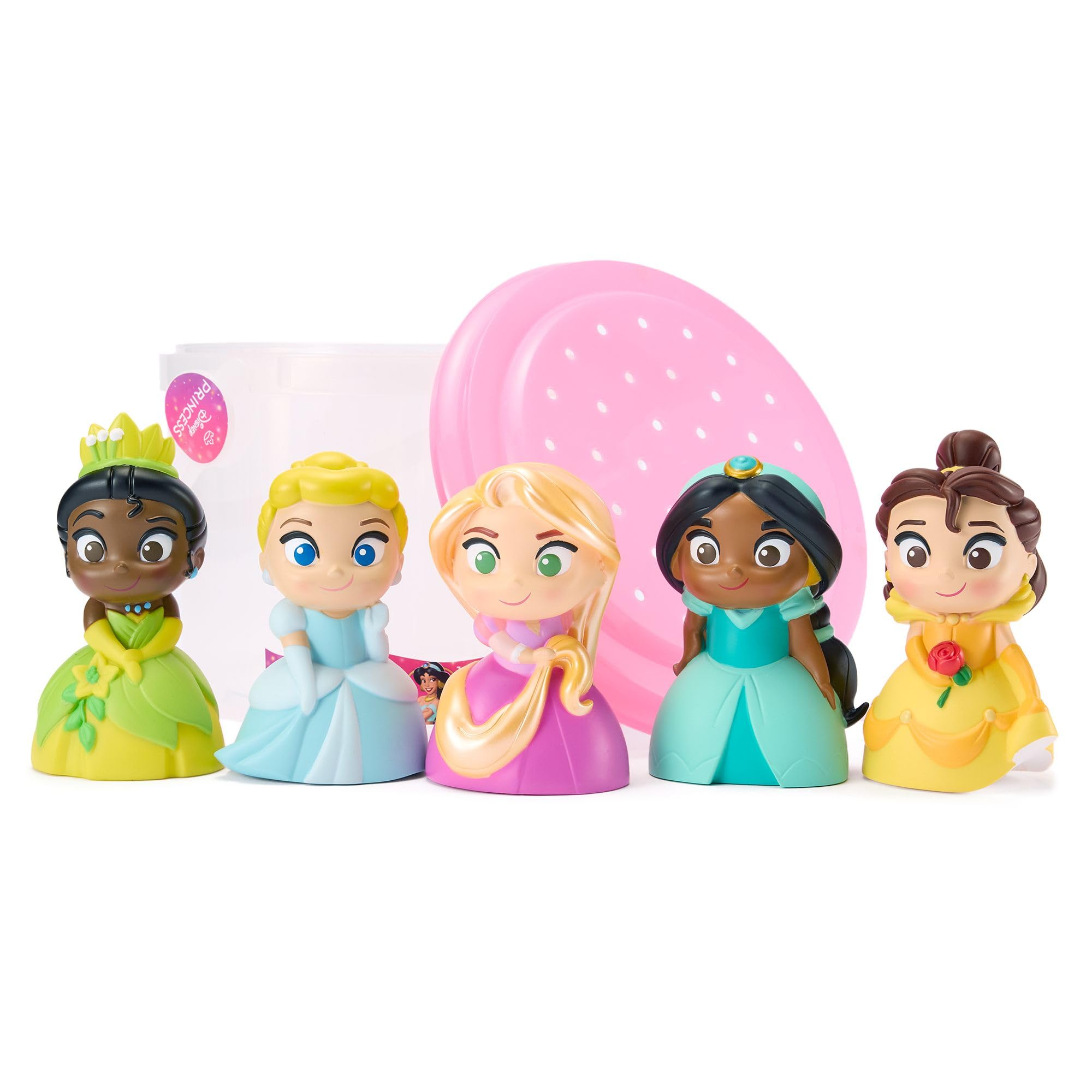 Disney Store Official Princesses Bath Toy Set, 5 Pc, Includes Belle, Cinderella, Jasmine, Rapunzel and Tiana, Bucket with Straining Lid, Bath or Paddling Pool Toys, 6 months+