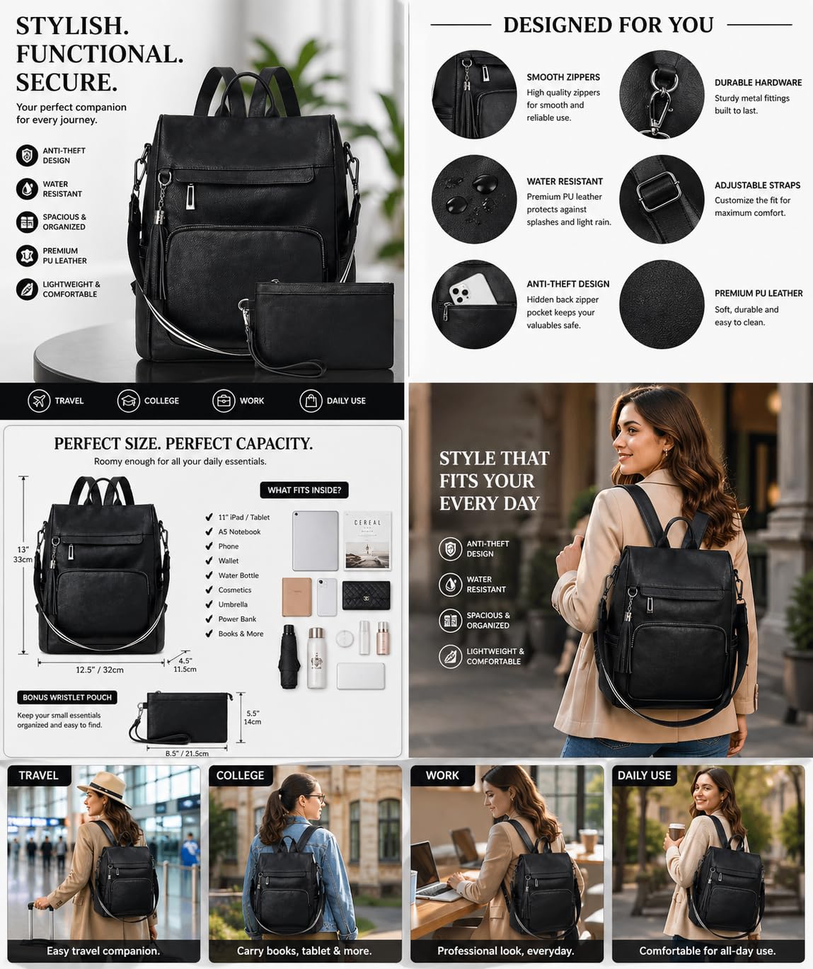 Craftwood Leather Backpack for women | Combo Bags | College and Office use | Direct from Factory| Premium Leather Texture, Black 1